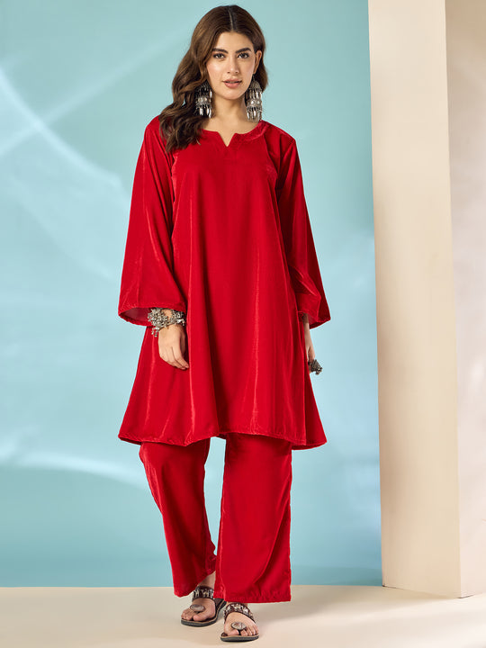 Pink Red Velvet Long Sleeve Kurta Set