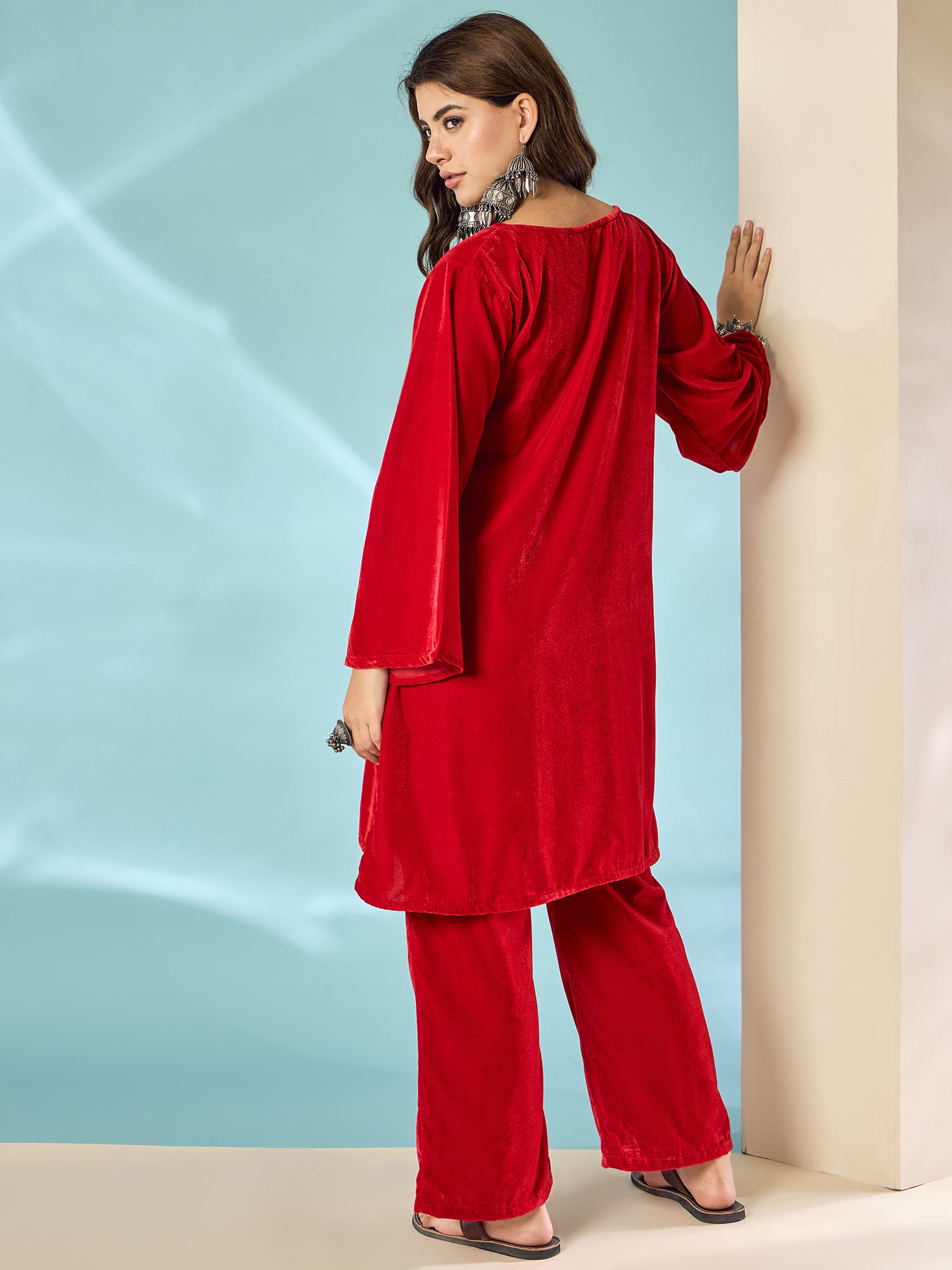Pink Red Velvet Long Sleeve Kurta Set