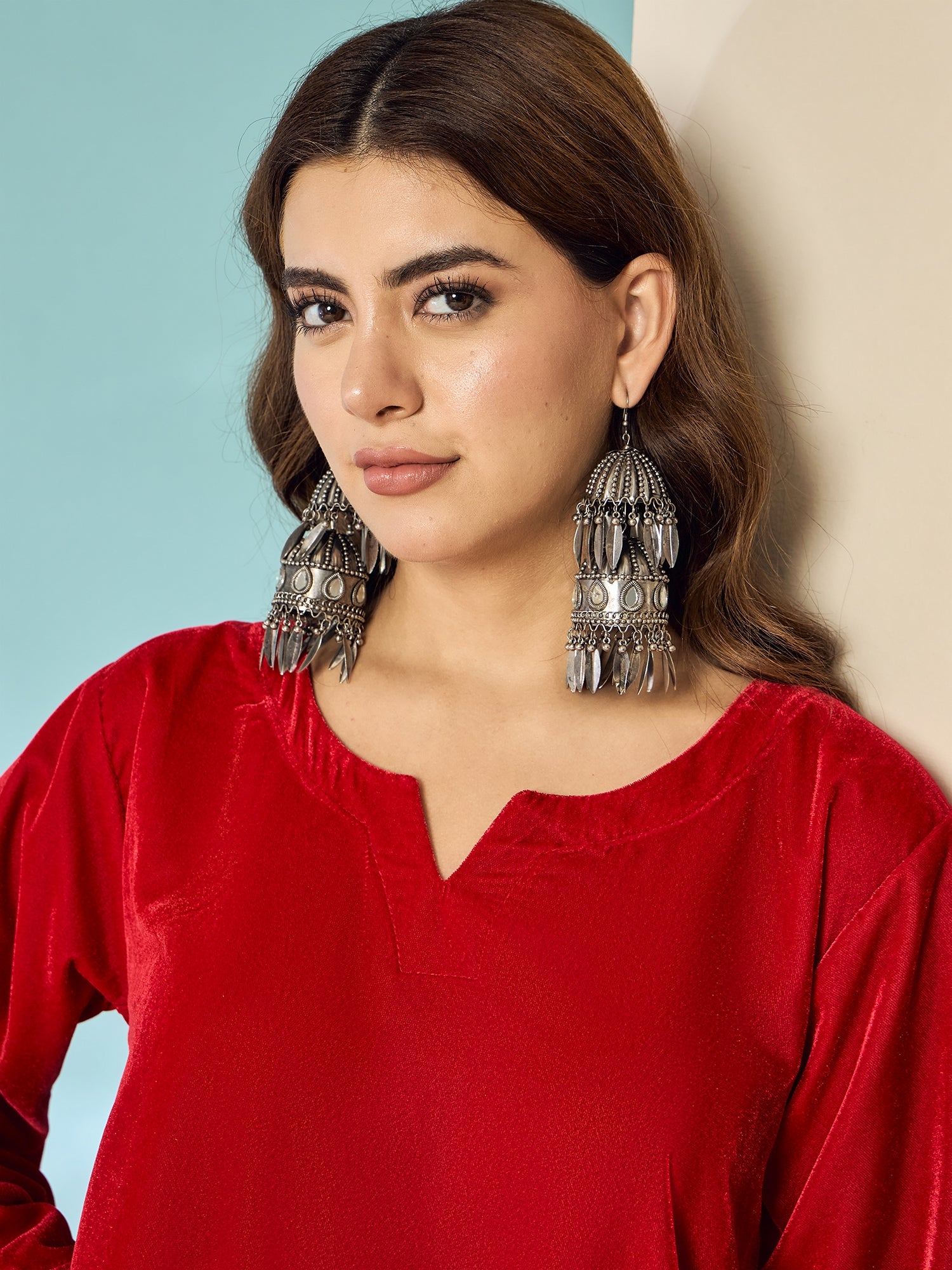 Pink Red Velvet Long Sleeve Kurta Set