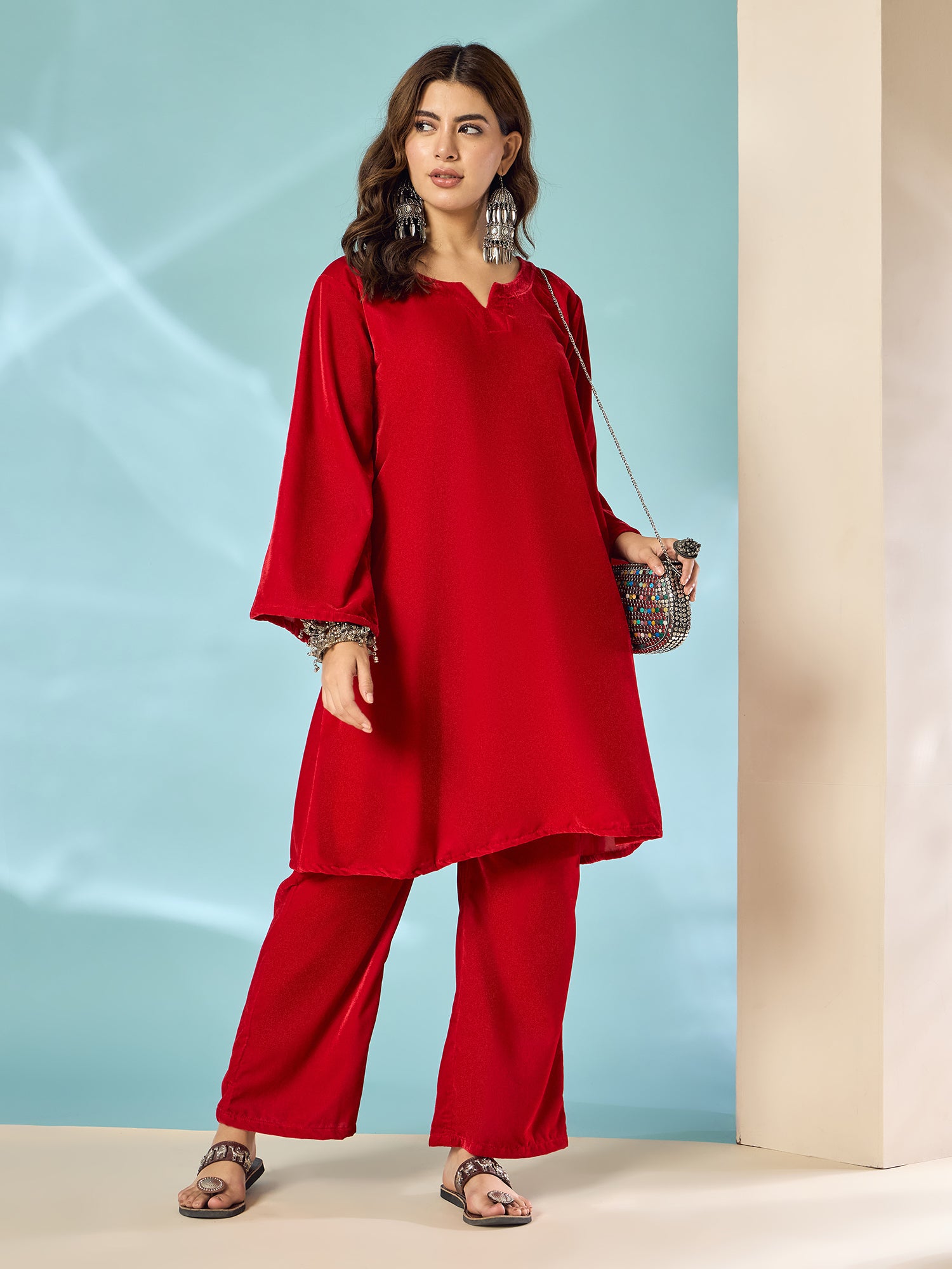 Pink Red Velvet Long Sleeve Kurta Set