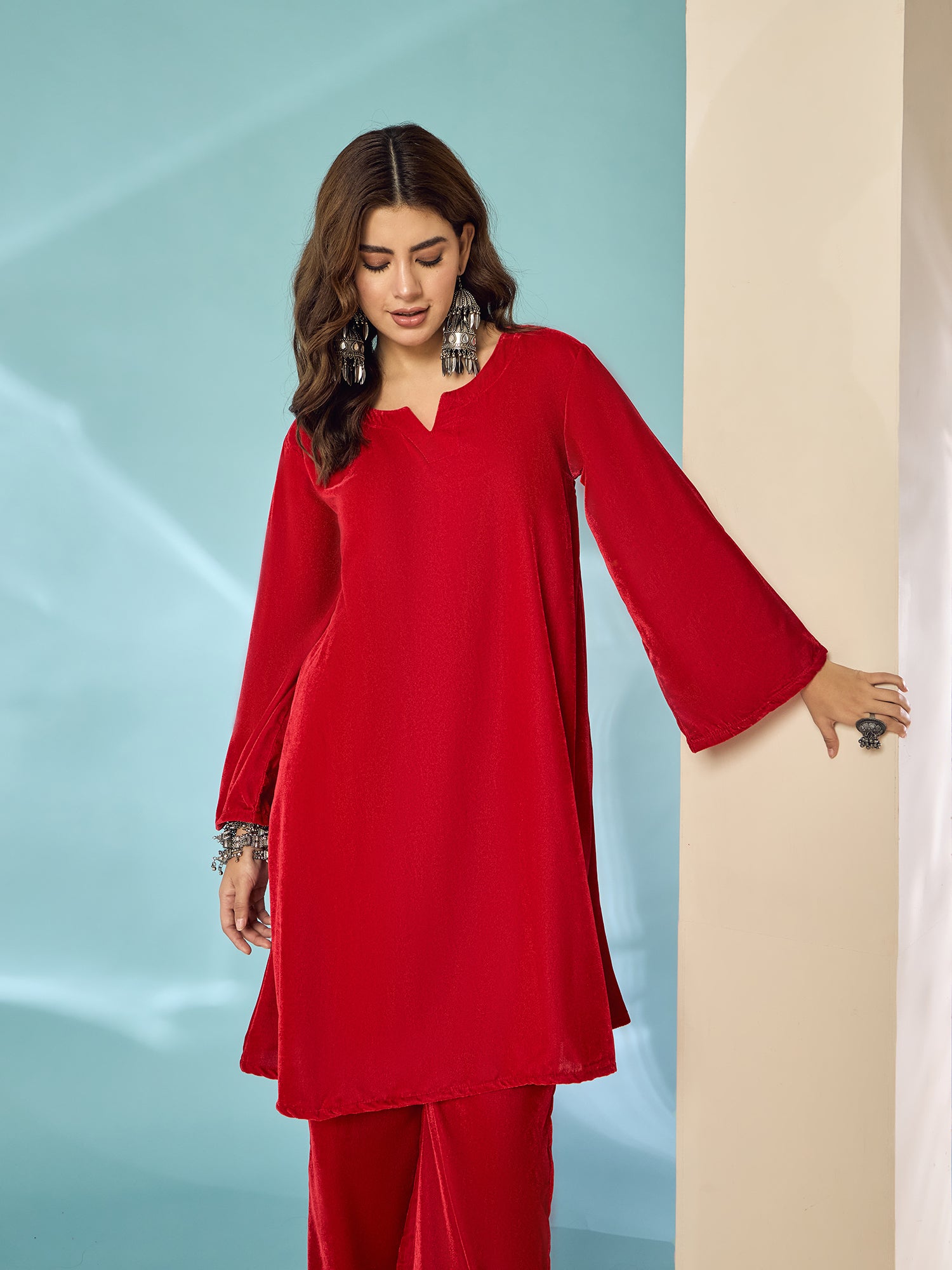 Pink Red Velvet Long Sleeve Kurta Set