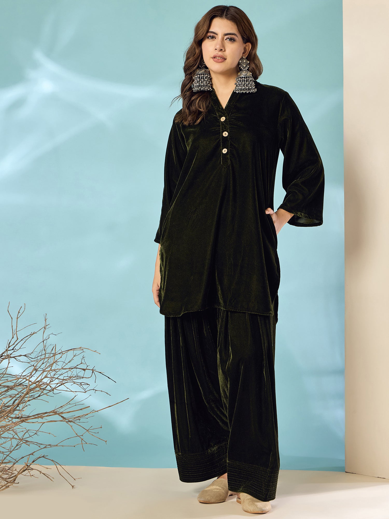 Mehandi Green Velvet Salwar Kurta Set