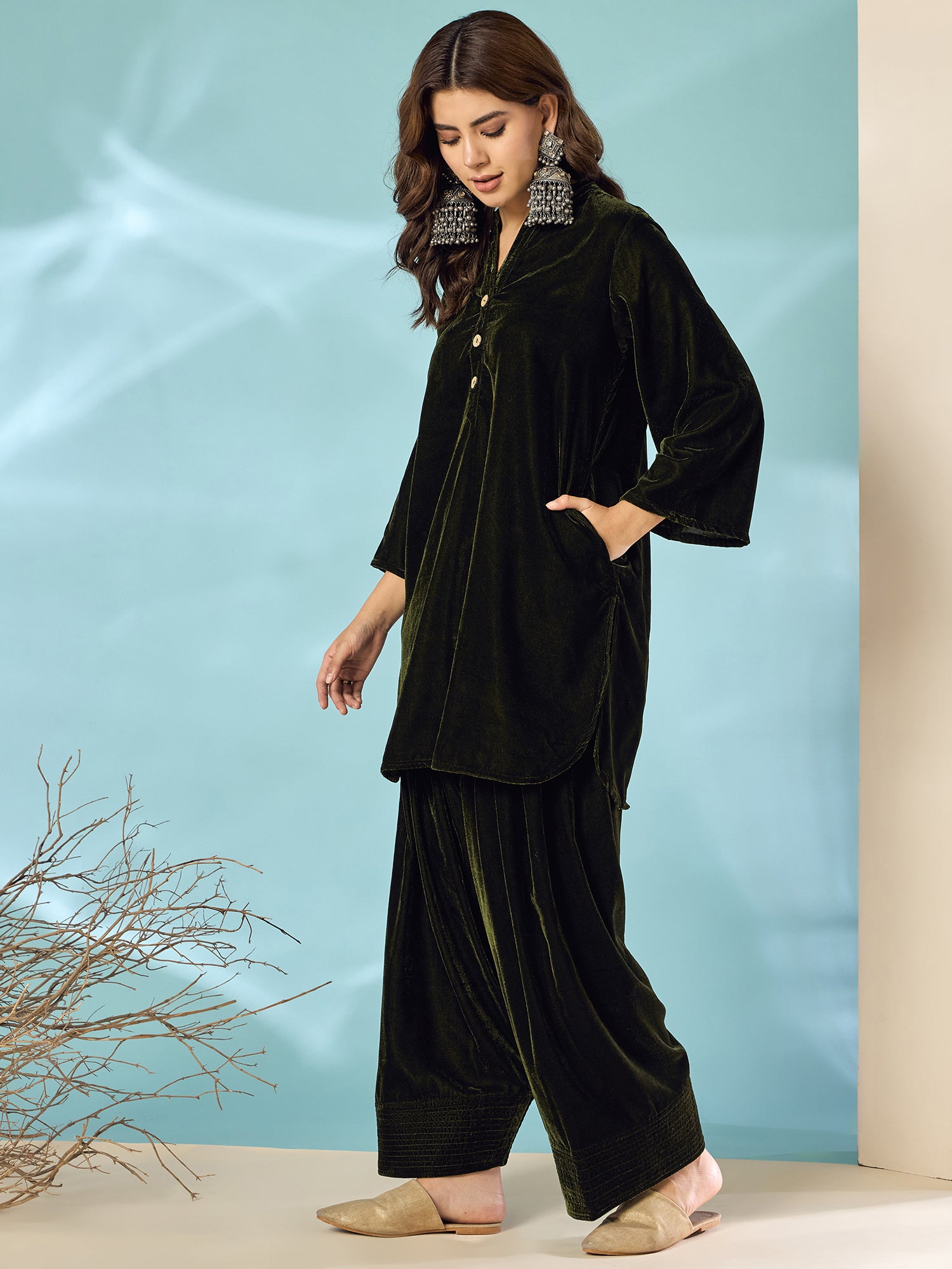 Mehandi Green Velvet Salwar Kurta Set