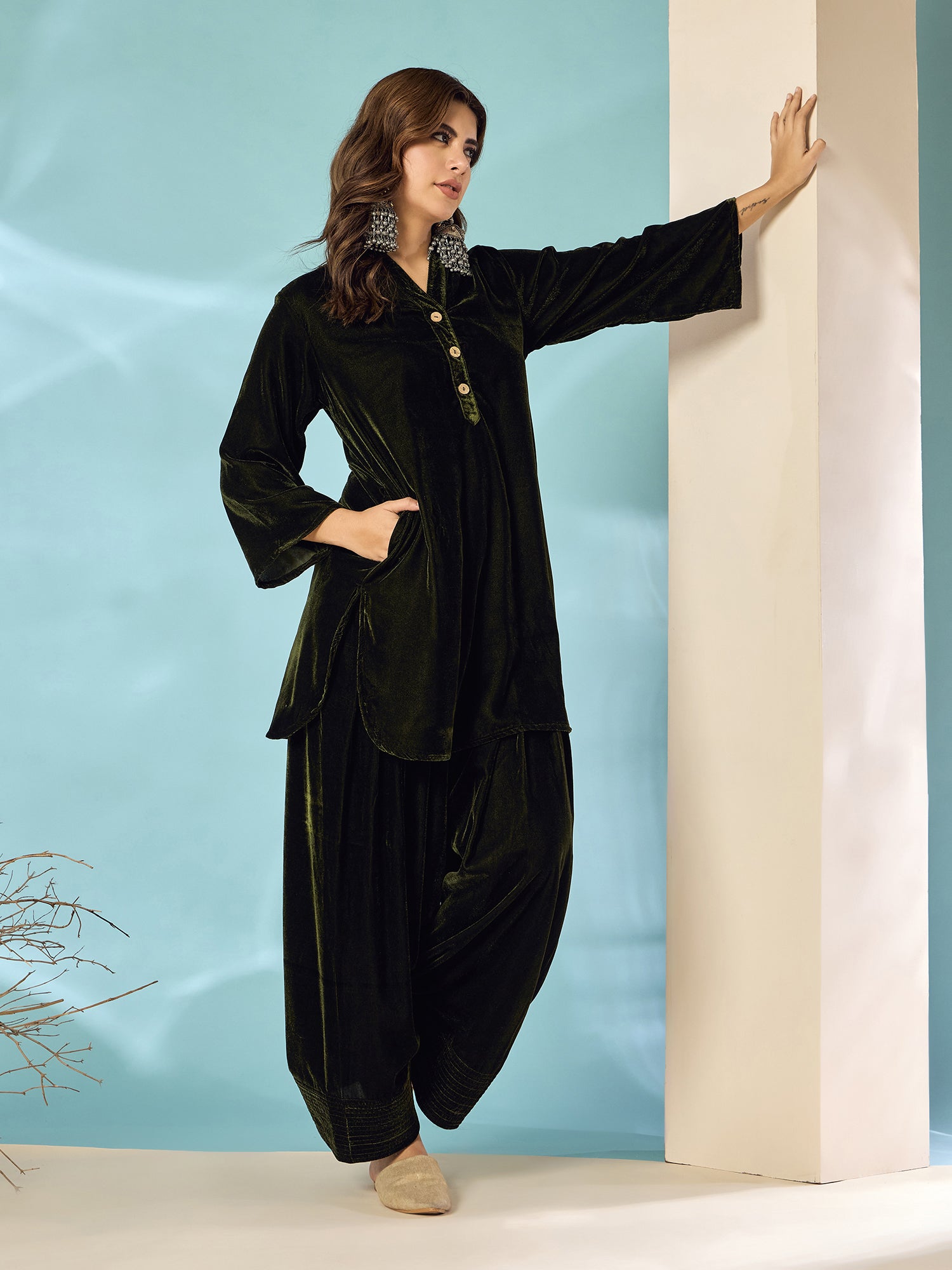 Mehandi Green Velvet Salwar Kurta Set