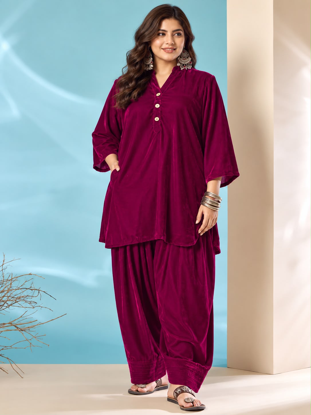 Wine Velvet Salwar Kurta Set