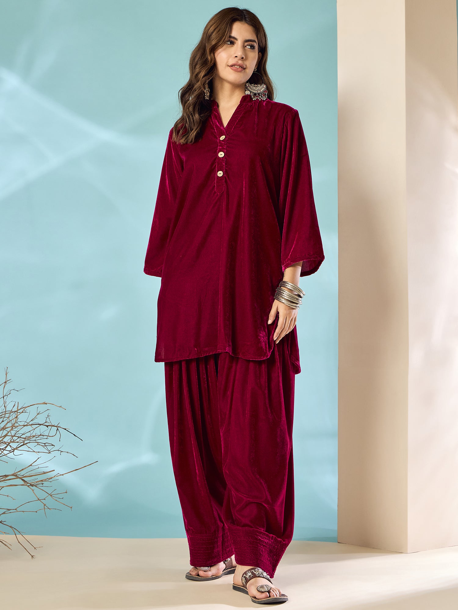 Wine Velvet Salwar Kurta Set