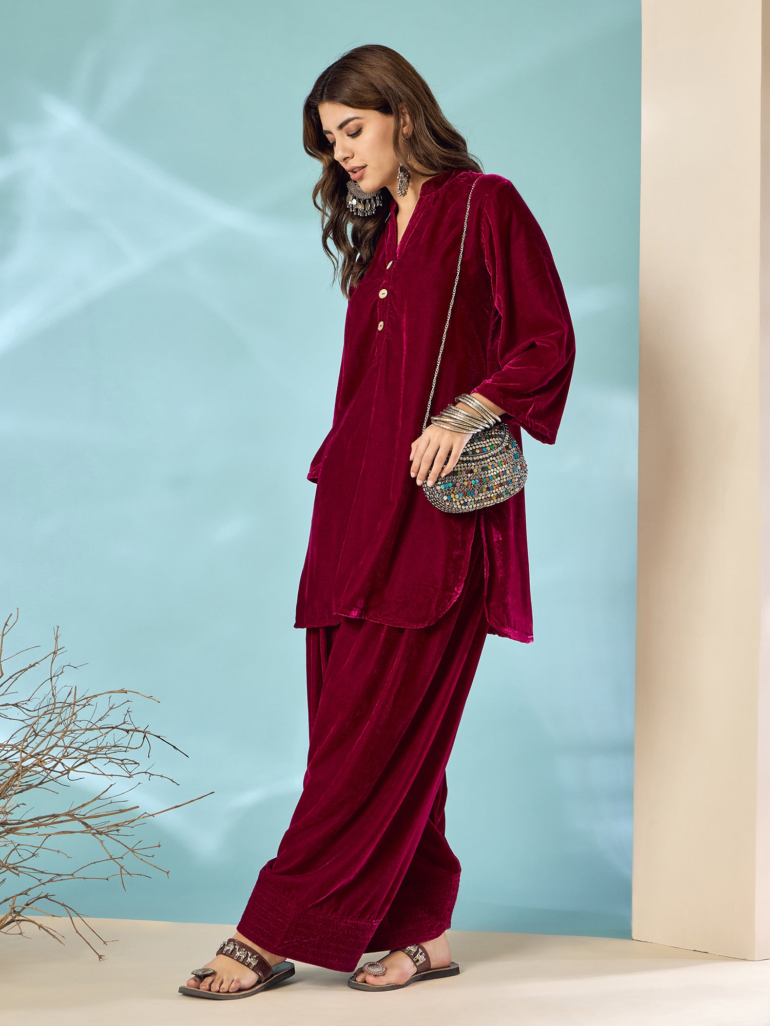 Wine Velvet Salwar Kurta Set