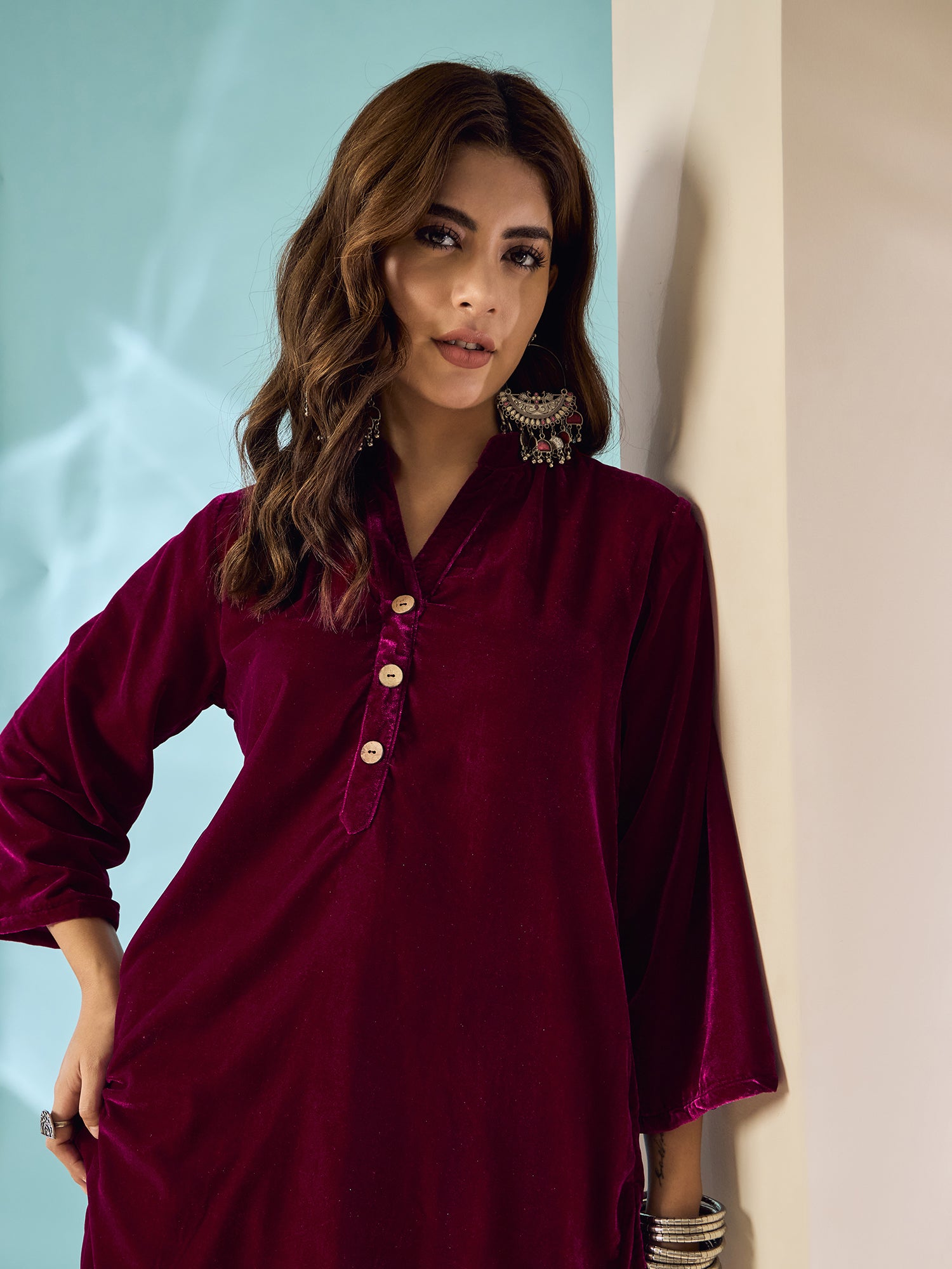 Wine Velvet Salwar Kurta Set