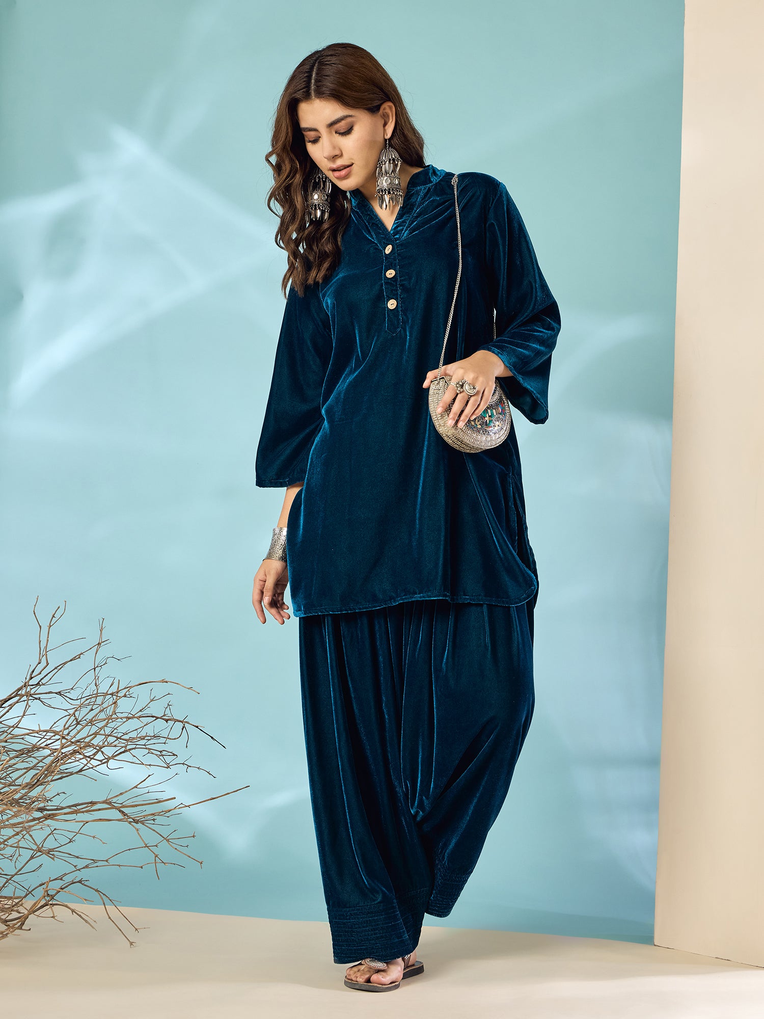 Peacock Teal Velvet Salwar Kurta Set