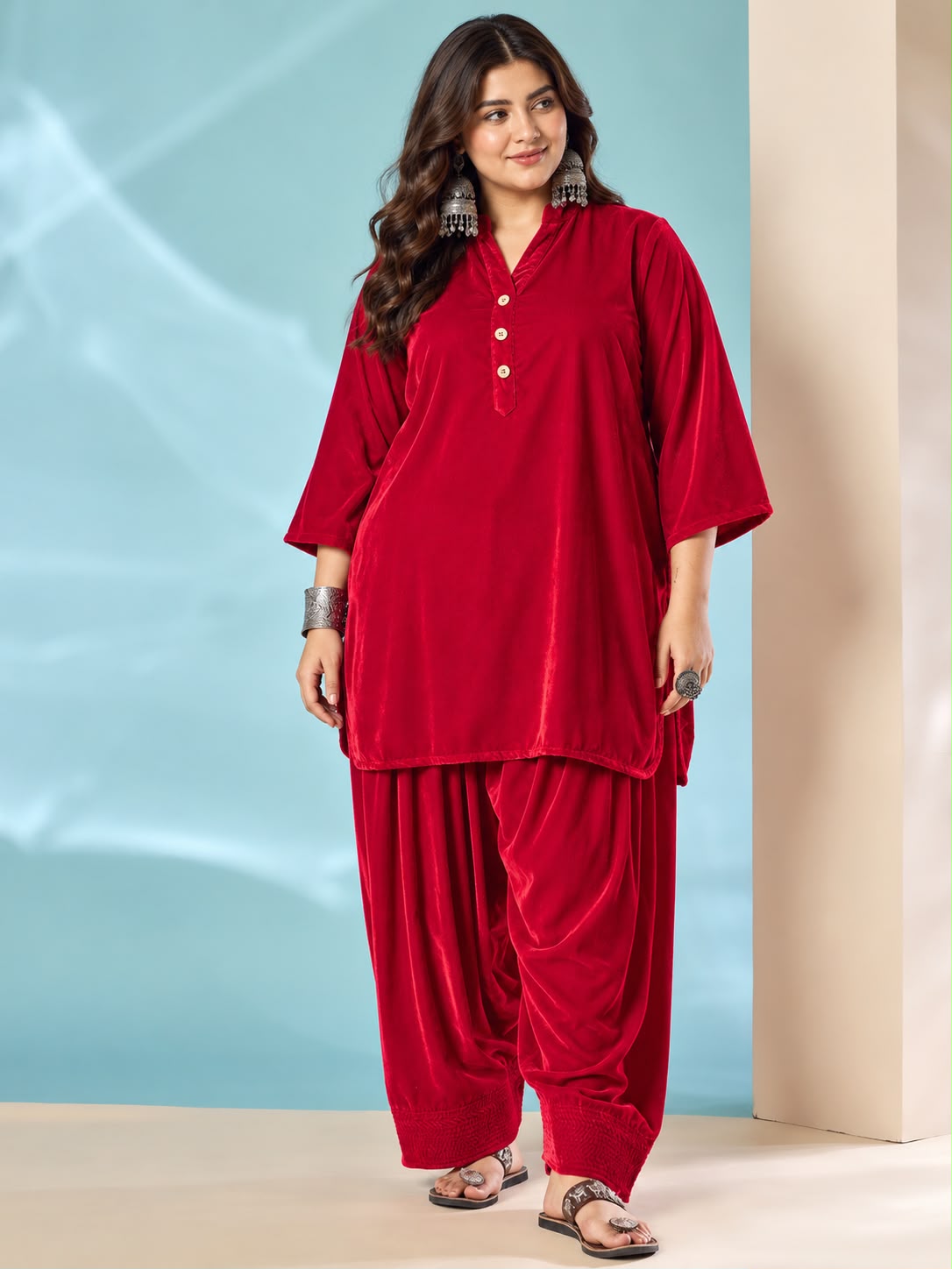 Pink Red Velvet Salwar Kurta Set