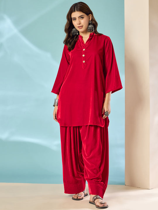 Pink Red Velvet Salwar Kurta Set