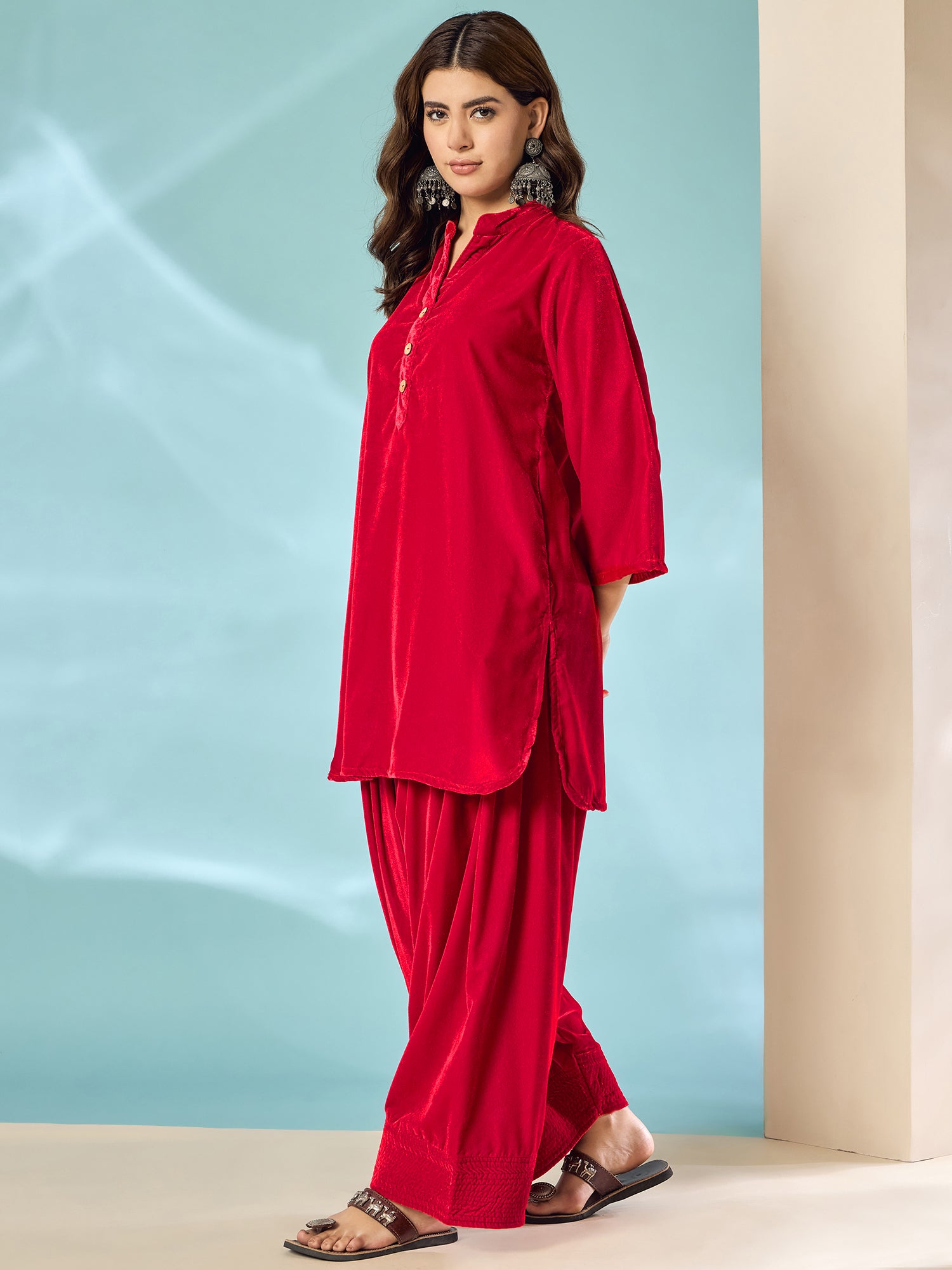 Pink Red Velvet Salwar Kurta Set