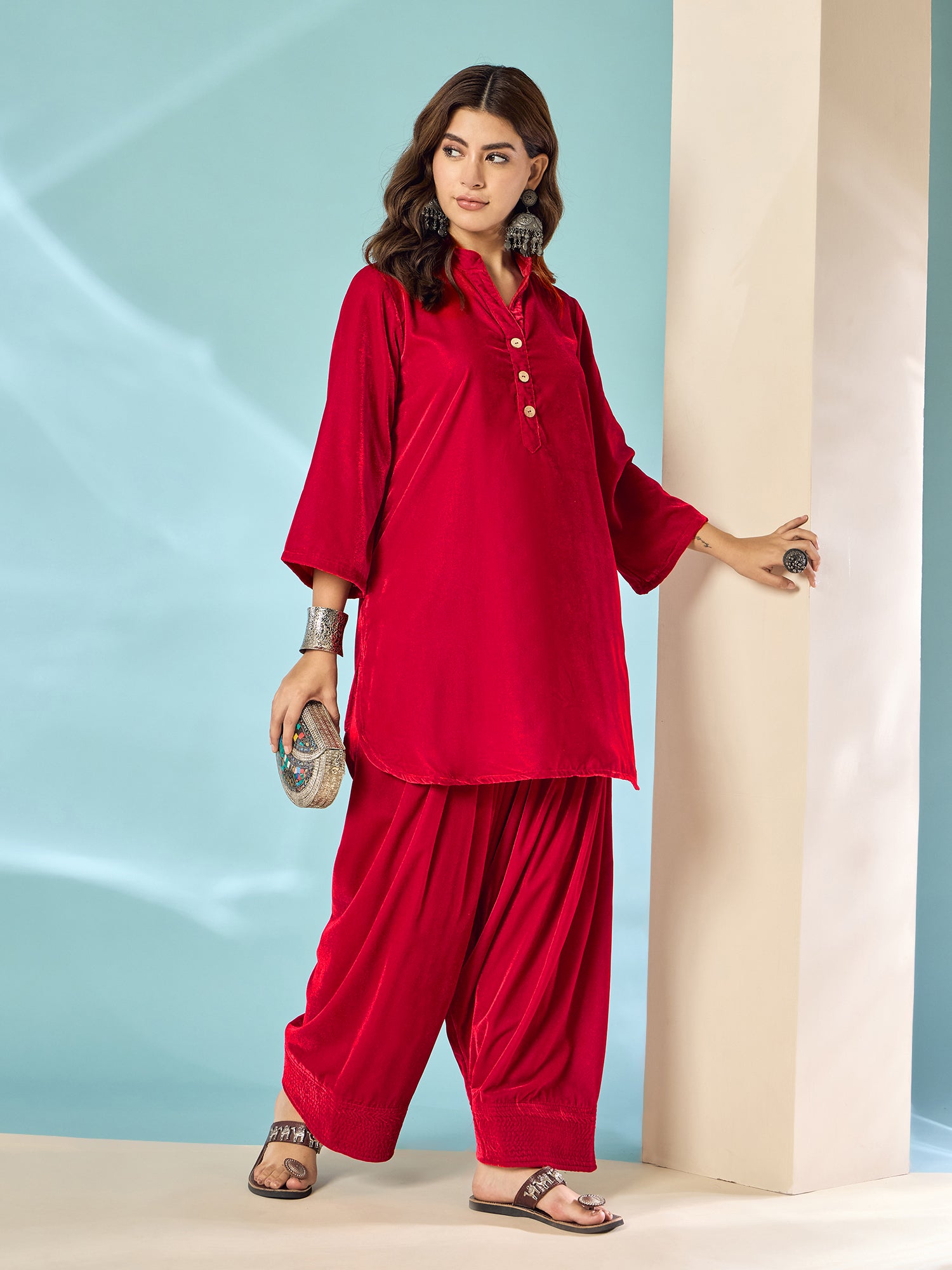 Pink Red Velvet Salwar Kurta Set