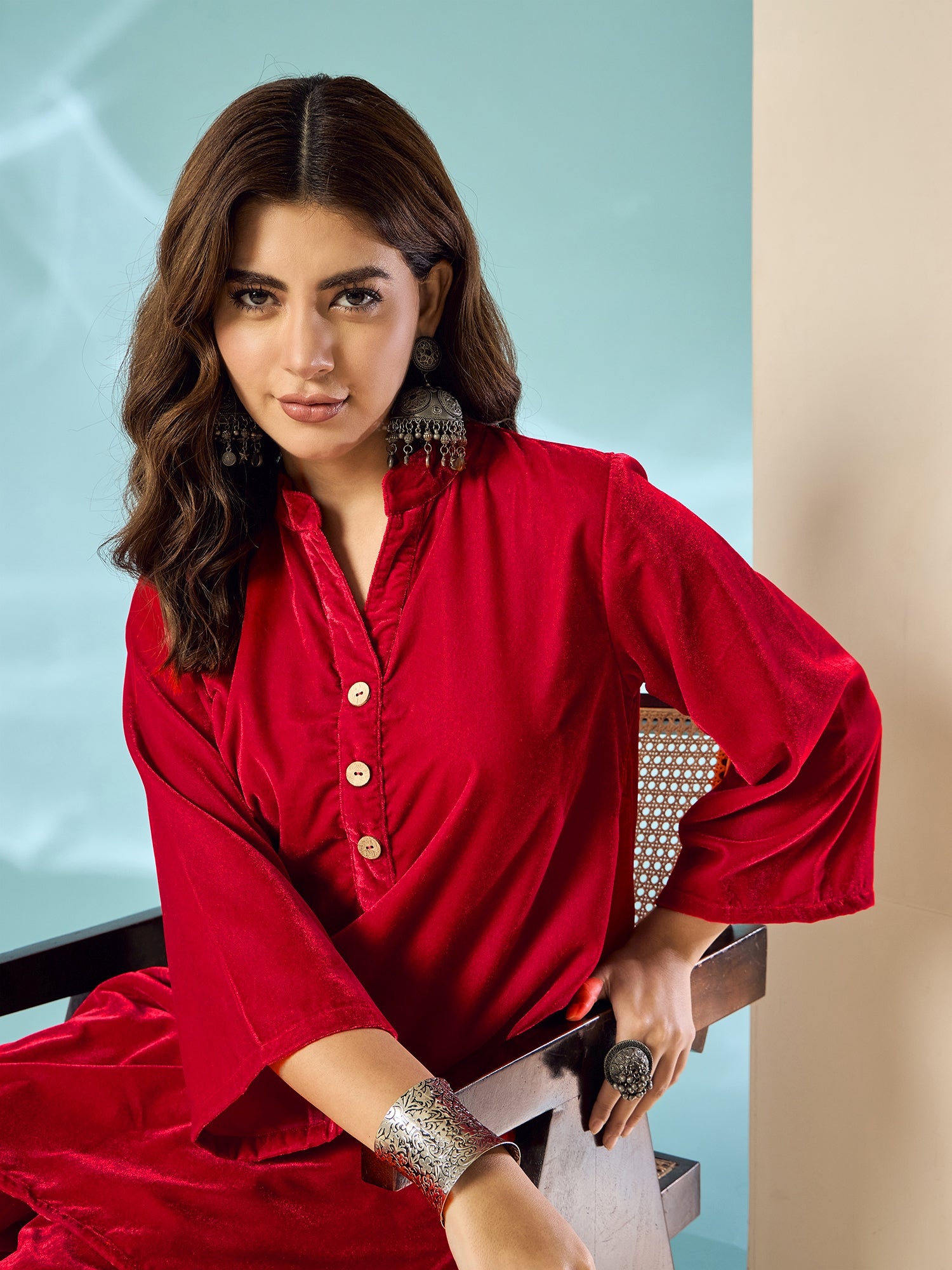 Pink Red Velvet Salwar Kurta Set