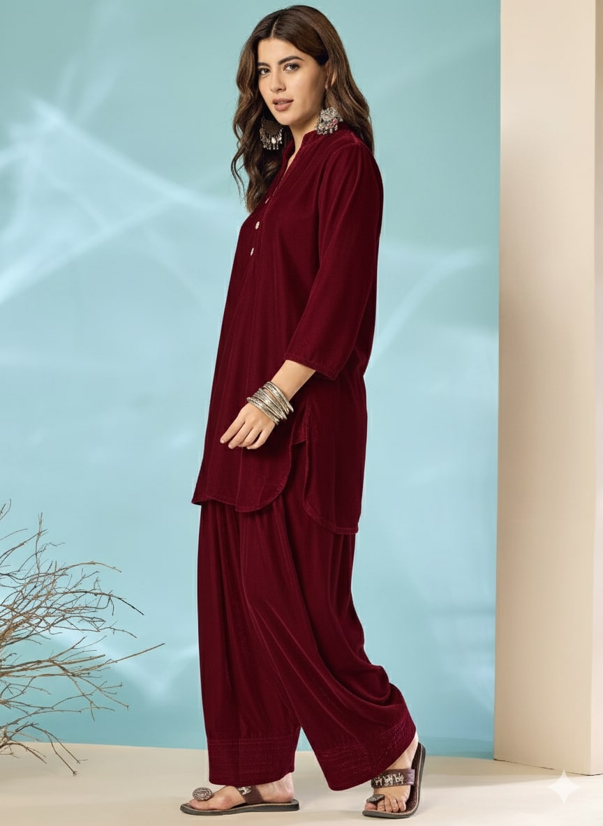 Dark Maroon Velvet Salwar Kurta Set