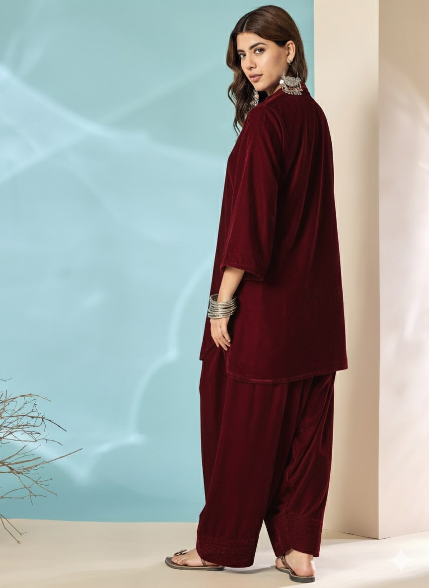 Dark Maroon Velvet Salwar Kurta Set
