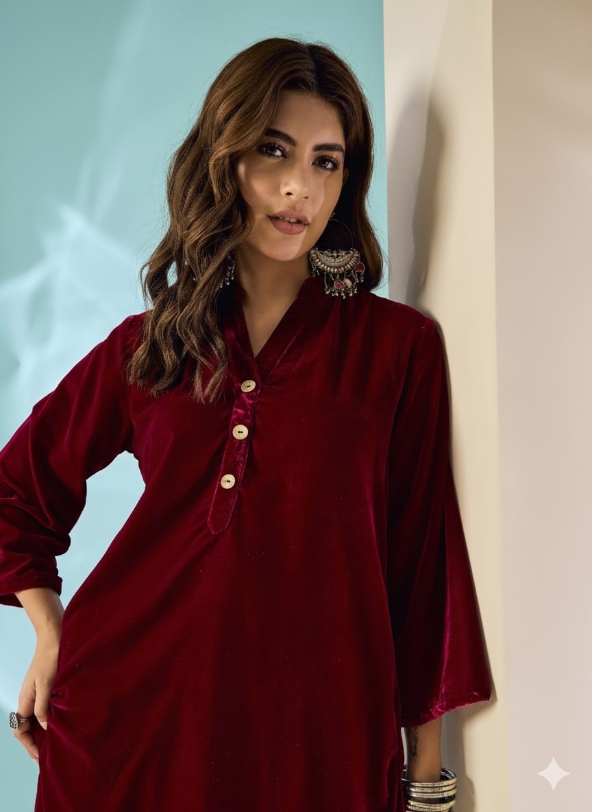 Dark Maroon Velvet Salwar Kurta Set