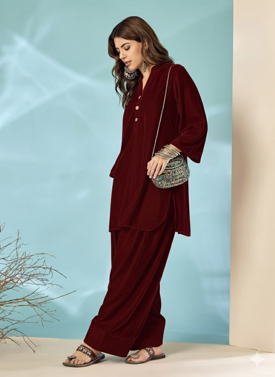 Dark Maroon Velvet Salwar Kurta Set