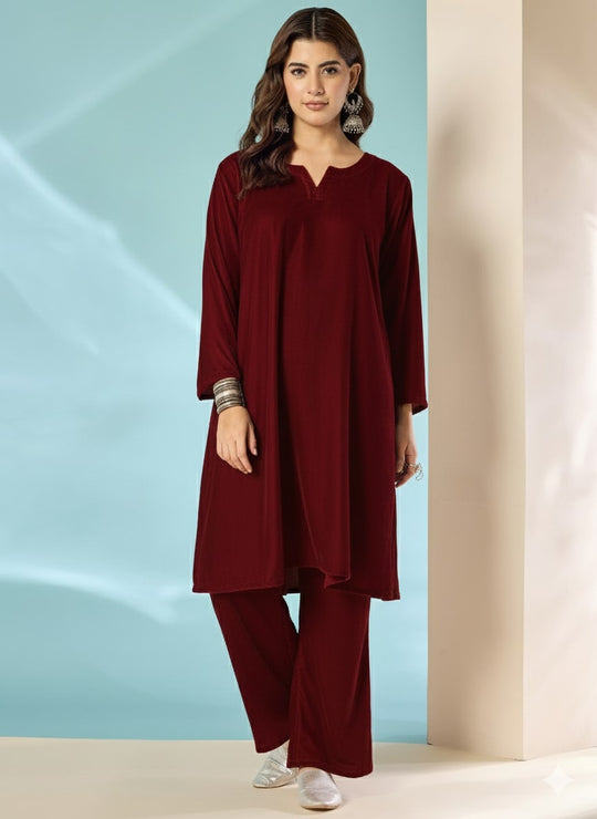 Dark Maroon Velvet Long Sleeve Kurta Set