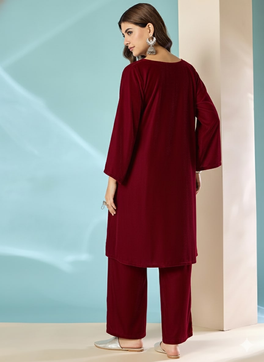 Dark Maroon Velvet Long Sleeve Kurta Set