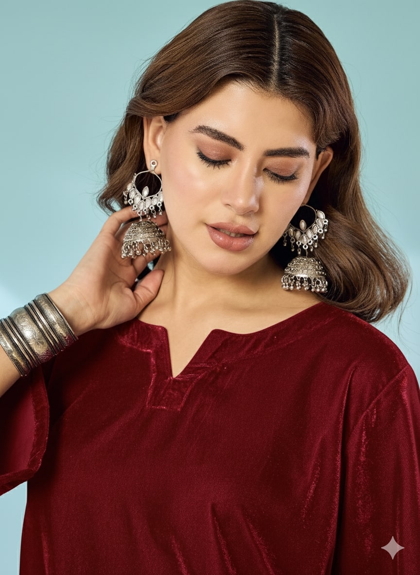 Dark Maroon Velvet Long Sleeve Kurta Set