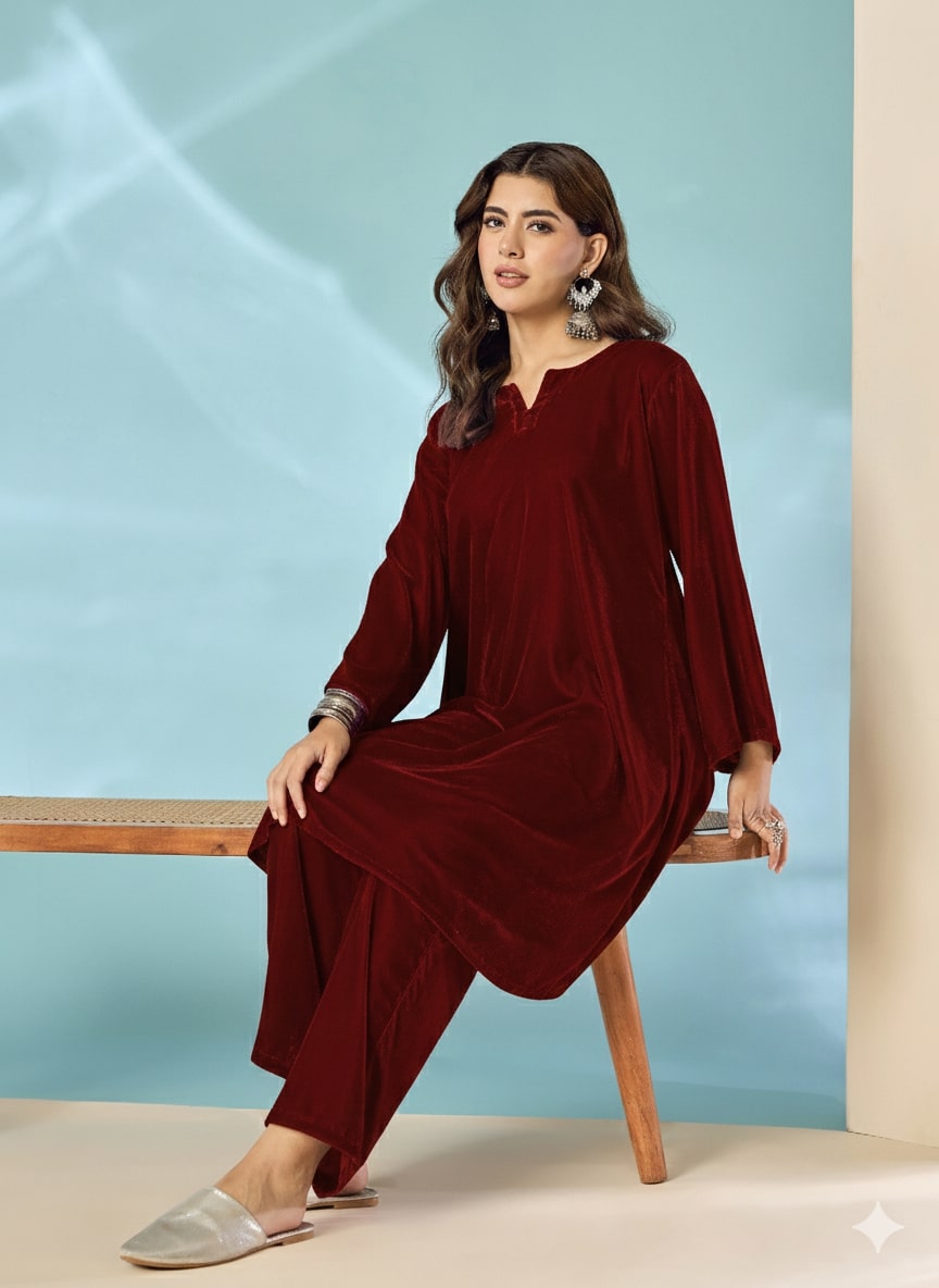 Dark Maroon Velvet Long Sleeve Kurta Set