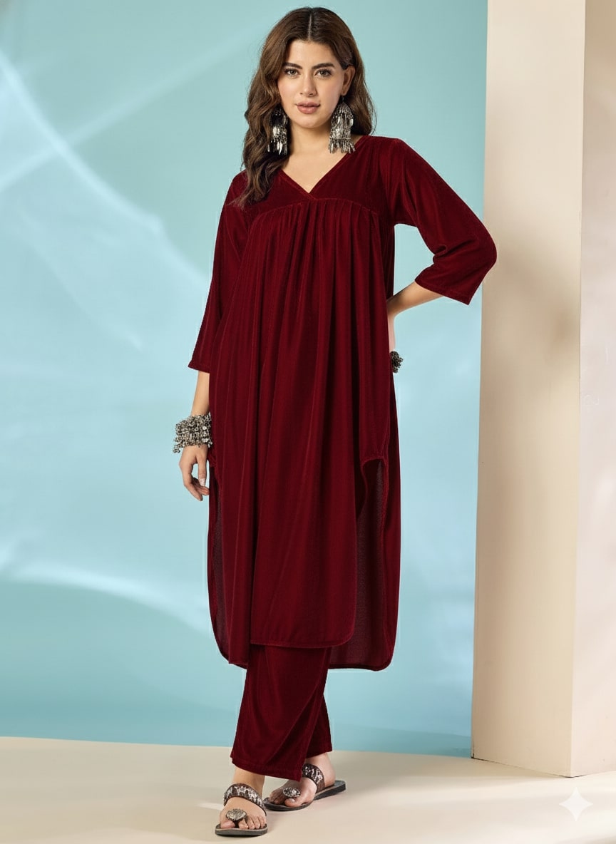 Dark Maroon Velvet Flared Kurta Set