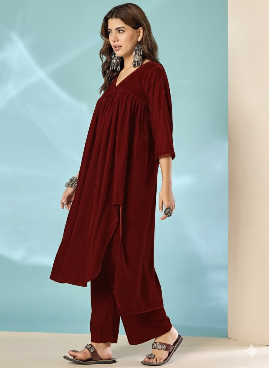 Dark Maroon Velvet Flared Kurta Set