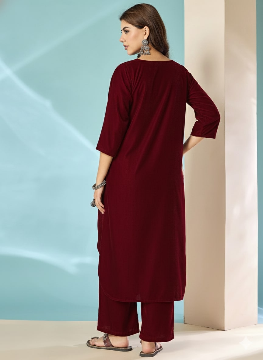 Dark Maroon Velvet Flared Kurta Set
