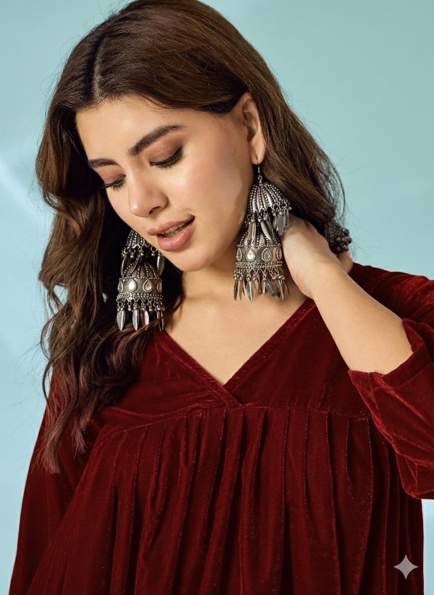 Dark Maroon Velvet Flared Kurta Set