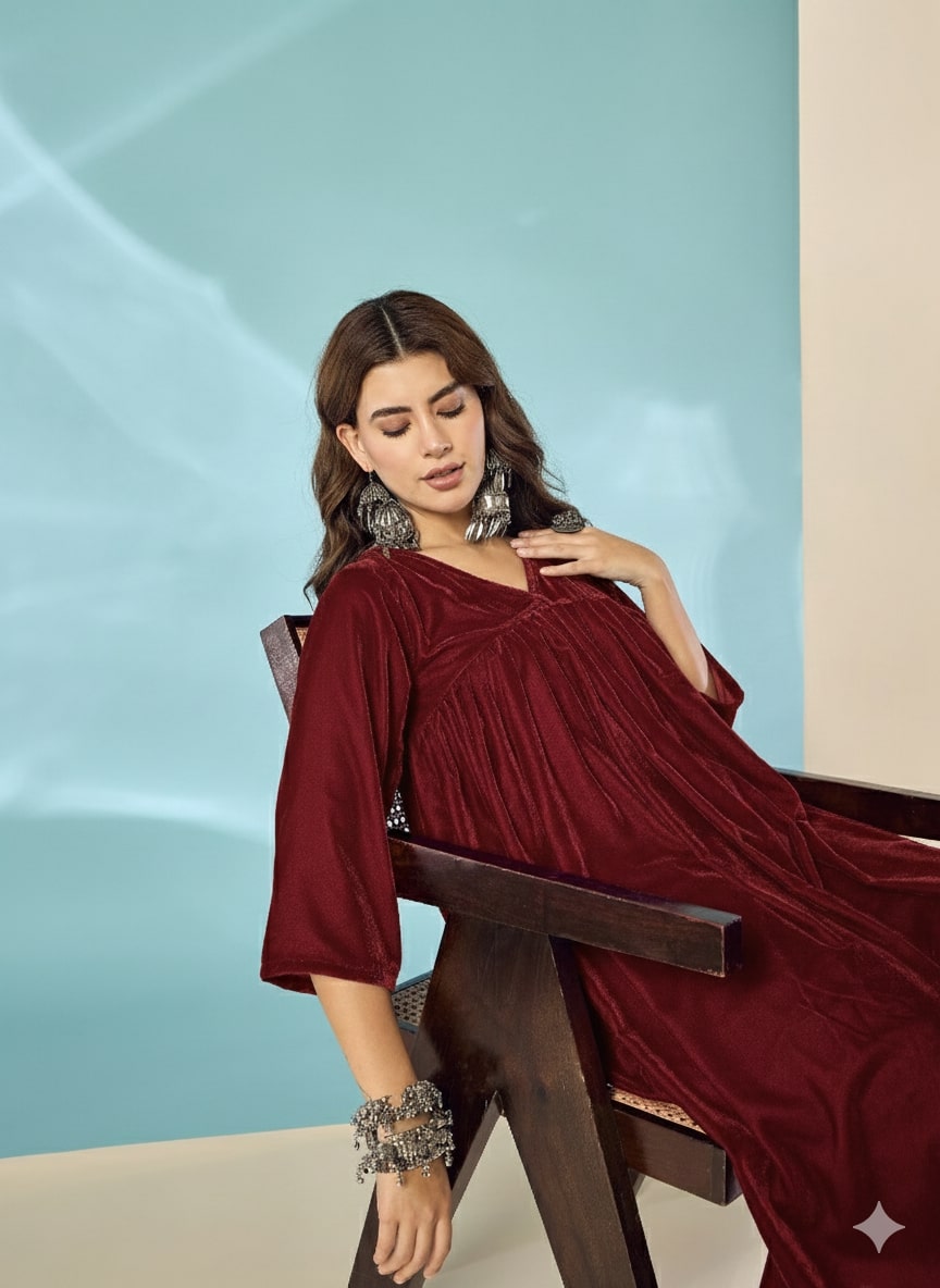 Dark Maroon Velvet Flared Kurta Set