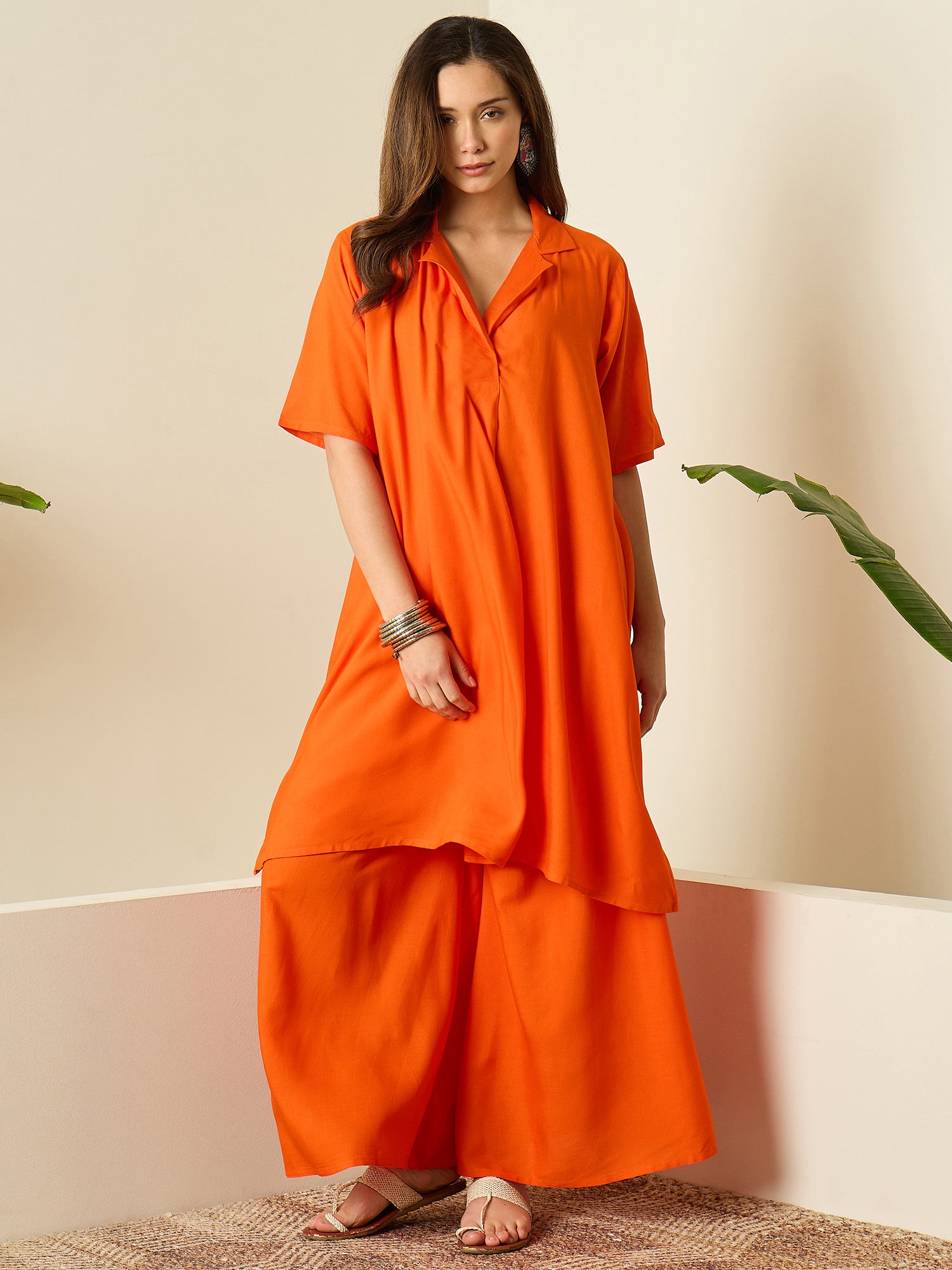 Orange Collar Neck Kurta Set