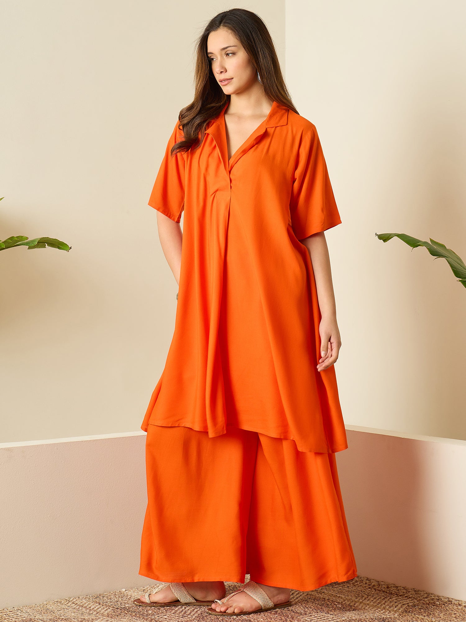 Orange Collar Neck Kurta Set