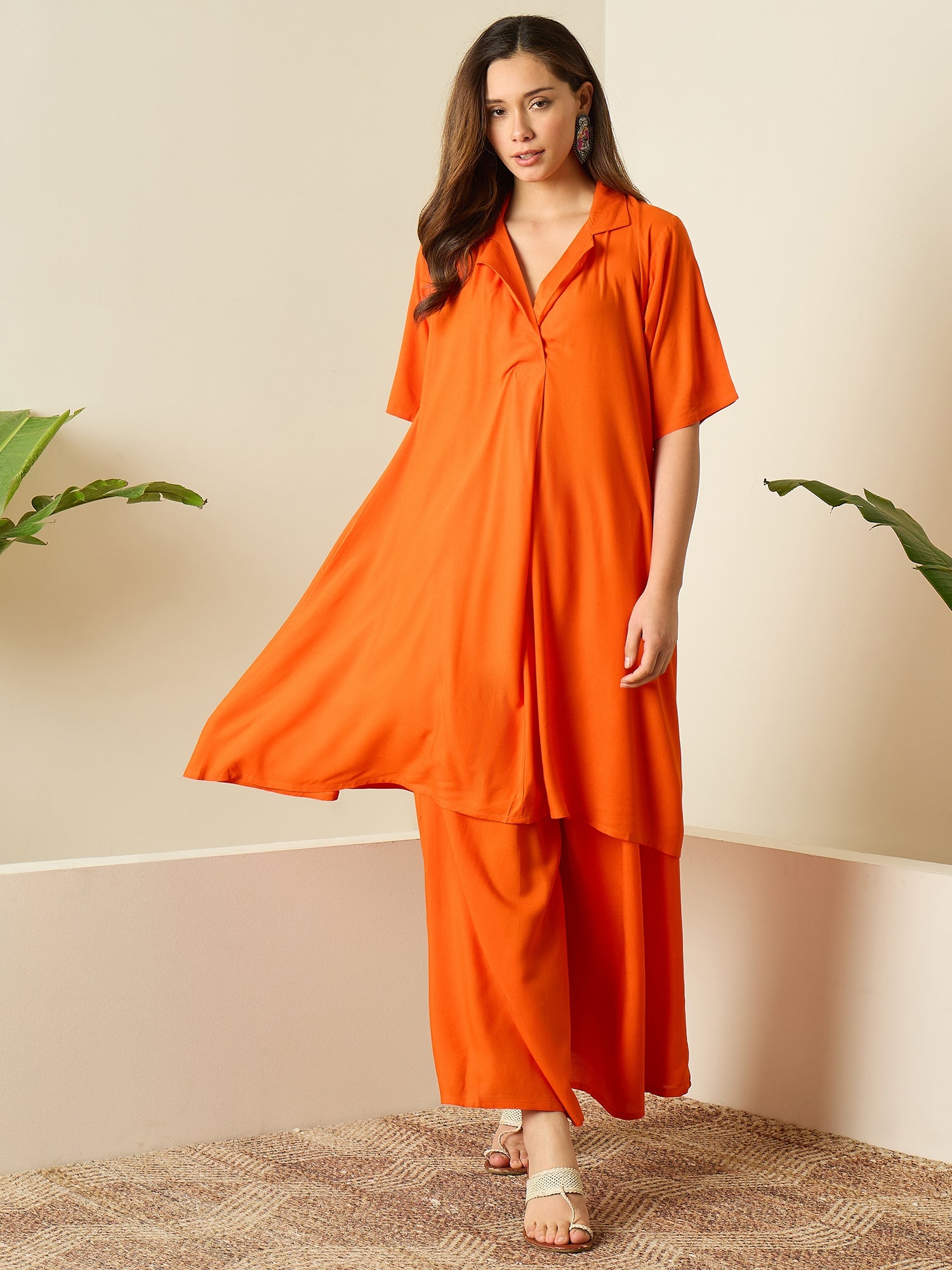 Orange Collar Neck Kurta Set