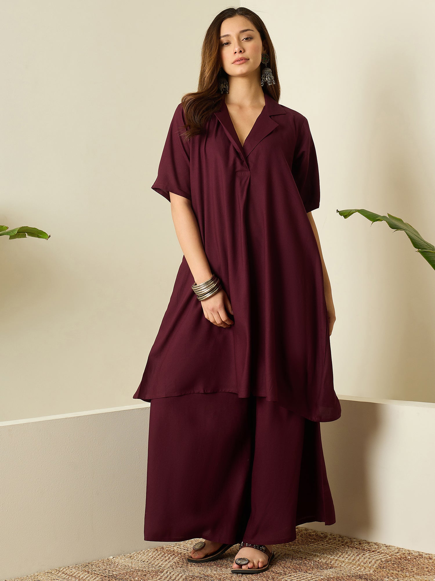 Wine Collar Neck Kurta Set
