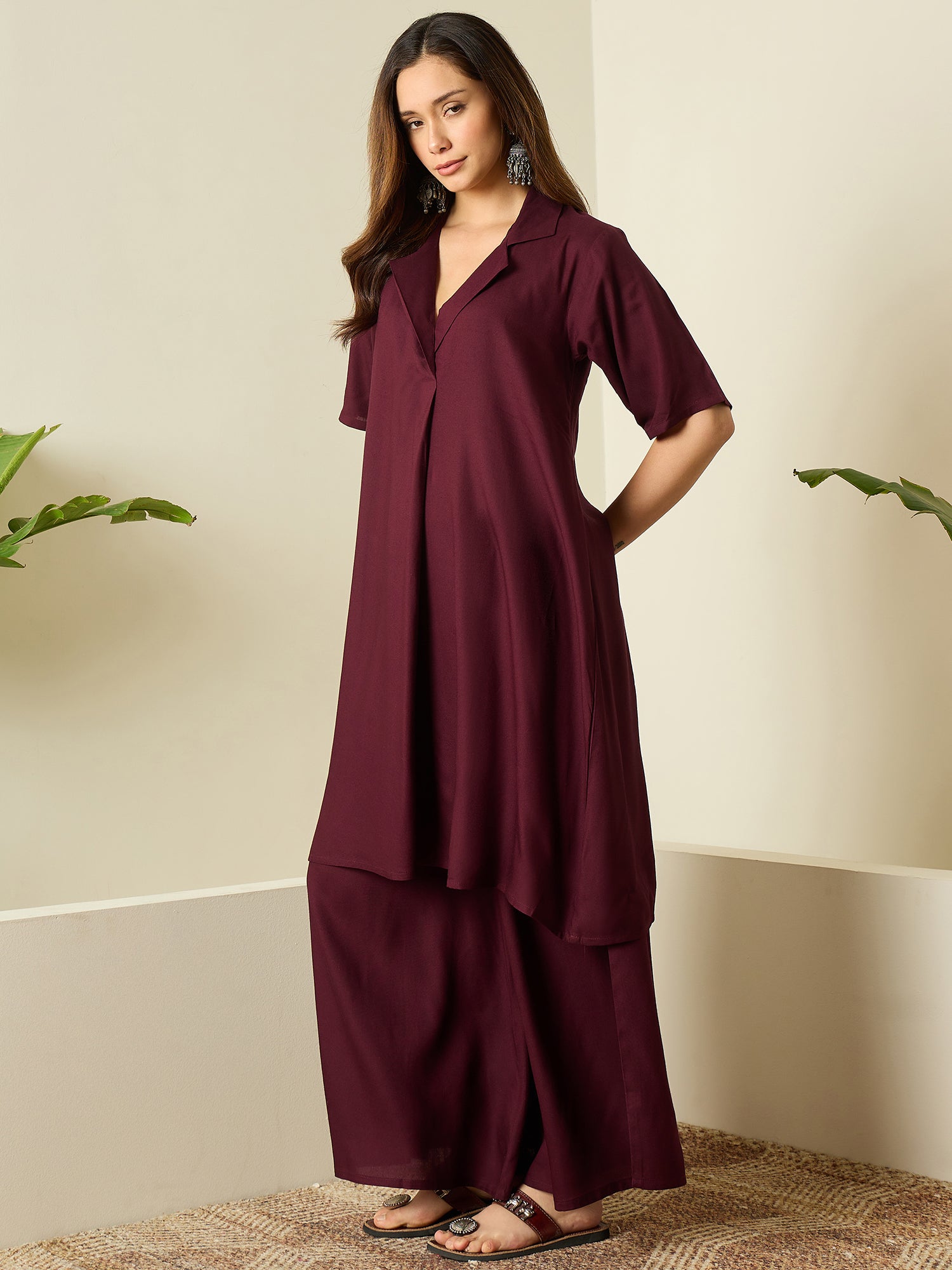 Wine Collar Neck Kurta Set