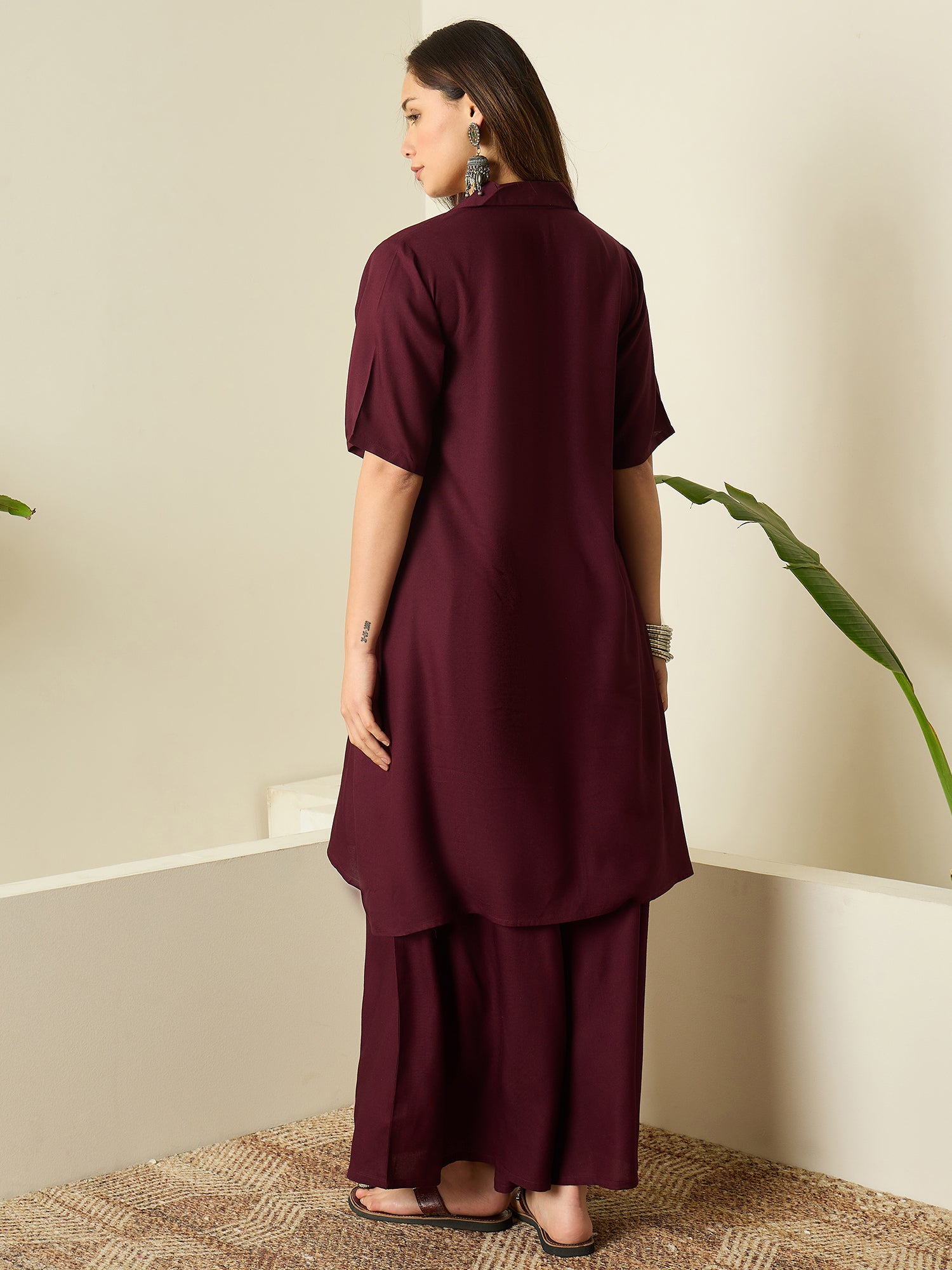 Wine Collar Neck Kurta Set