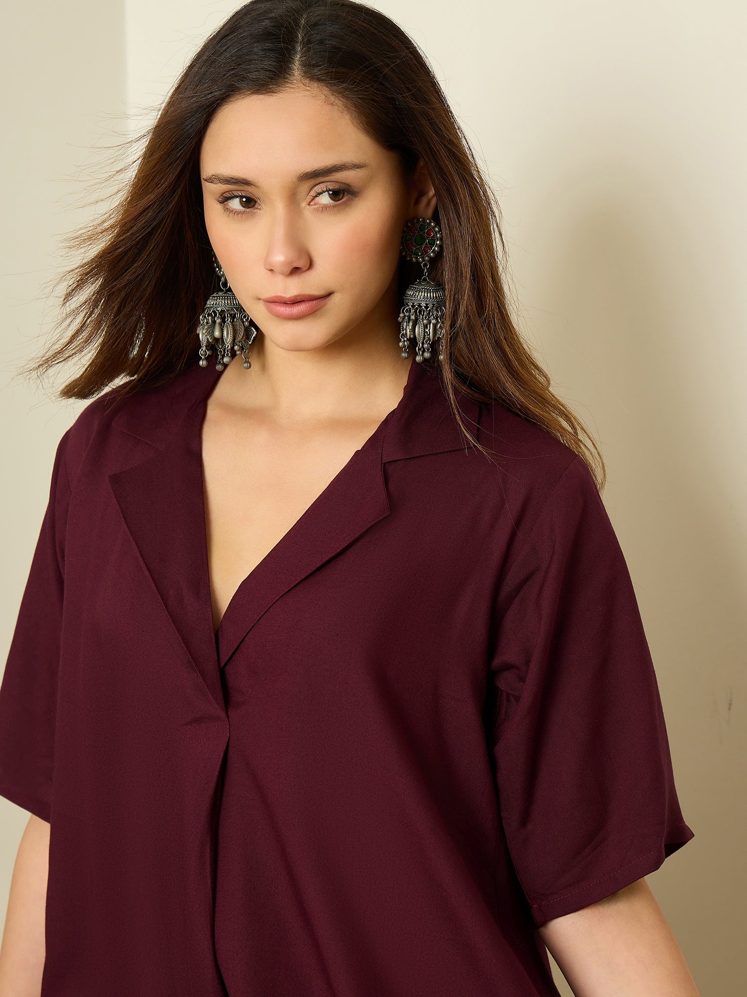 Wine Collar Neck Kurta Set