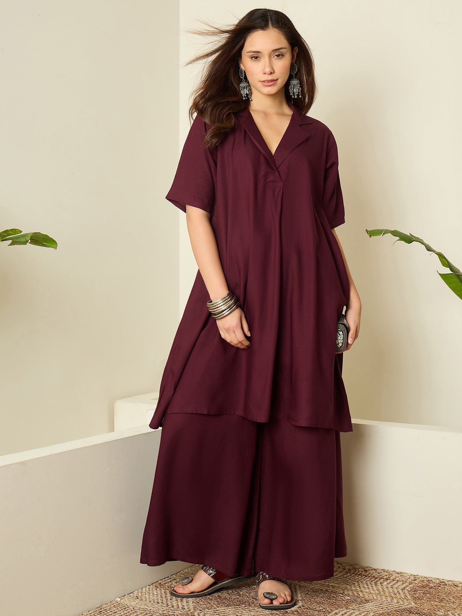 Wine Collar Neck Kurta Set