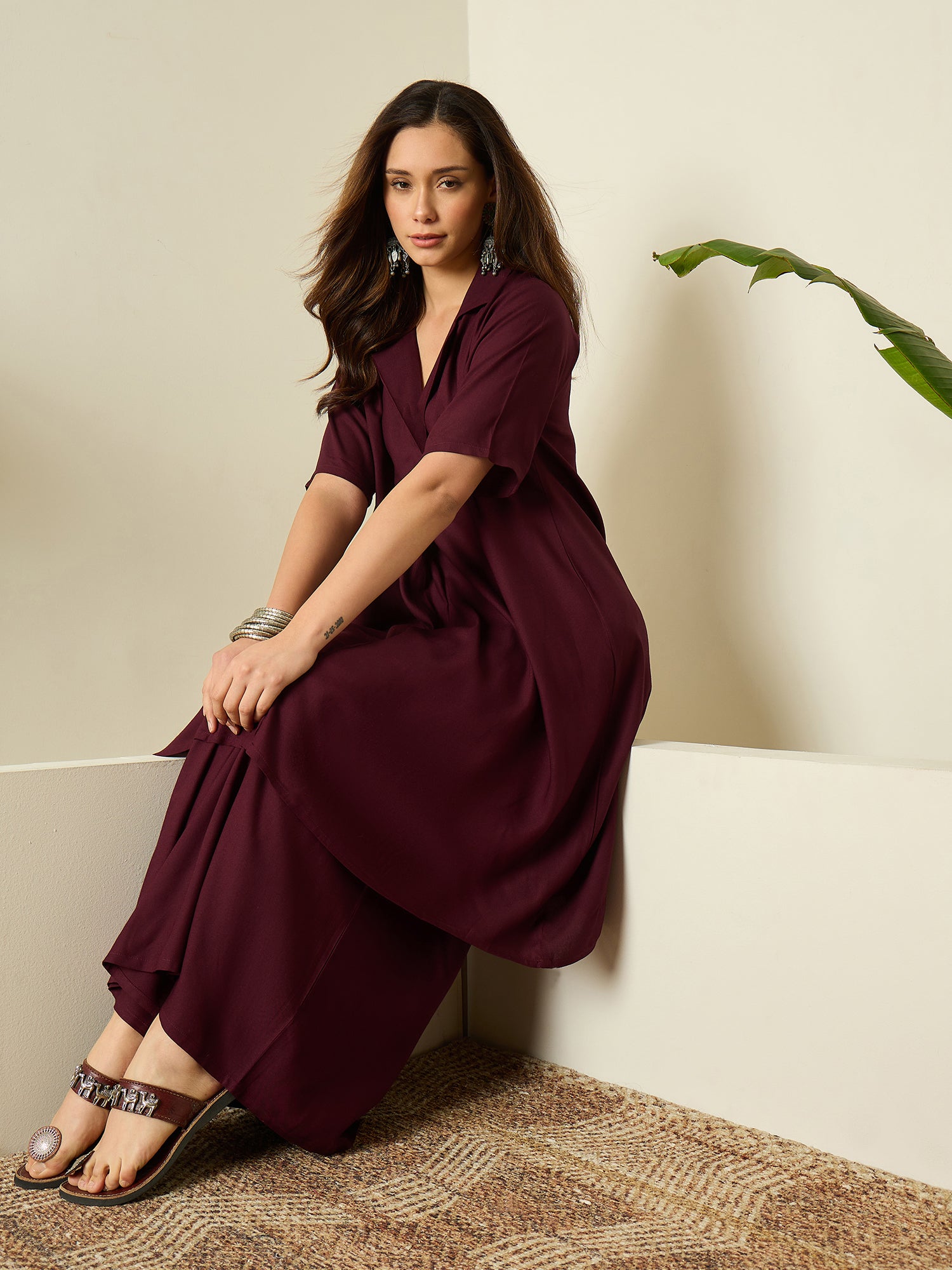 Wine Collar Neck Kurta Set