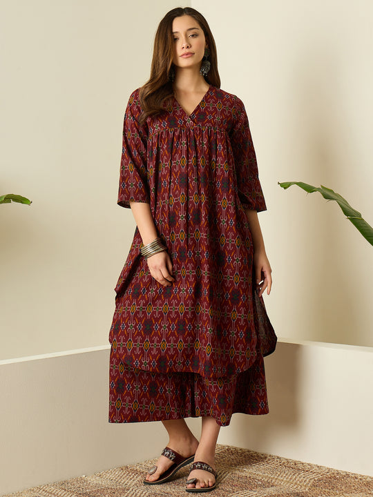 Rust Patola Print Flared Kurta Set