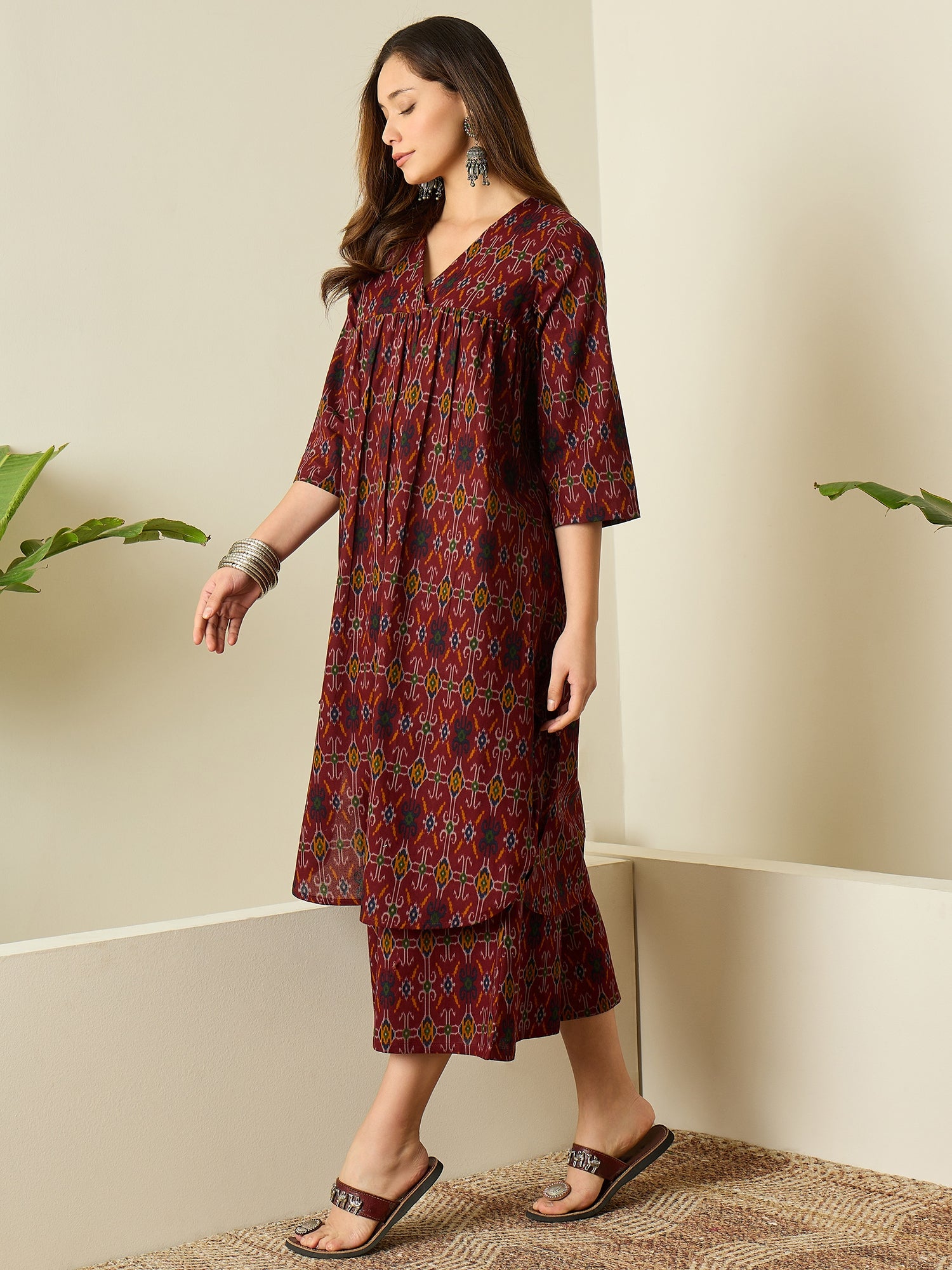 Rust Patola Print Flared Kurta Set