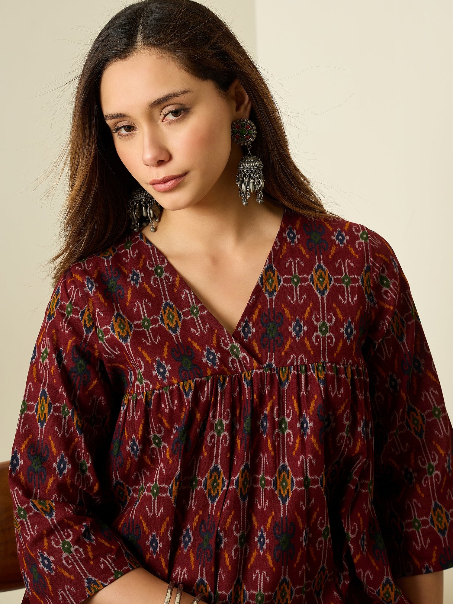 Rust Patola Print Flared Kurta Set