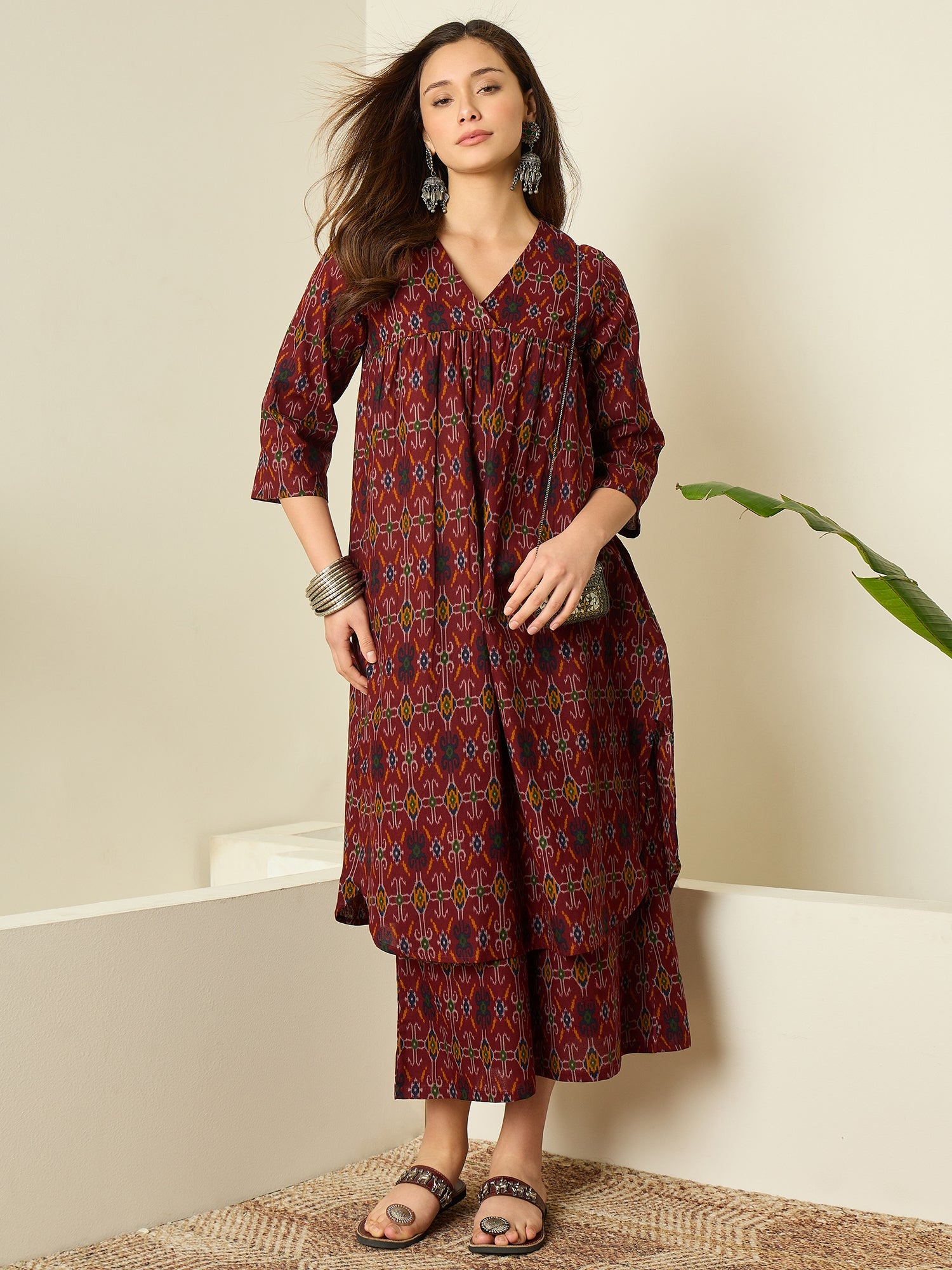 Rust Patola Print Flared Kurta Set