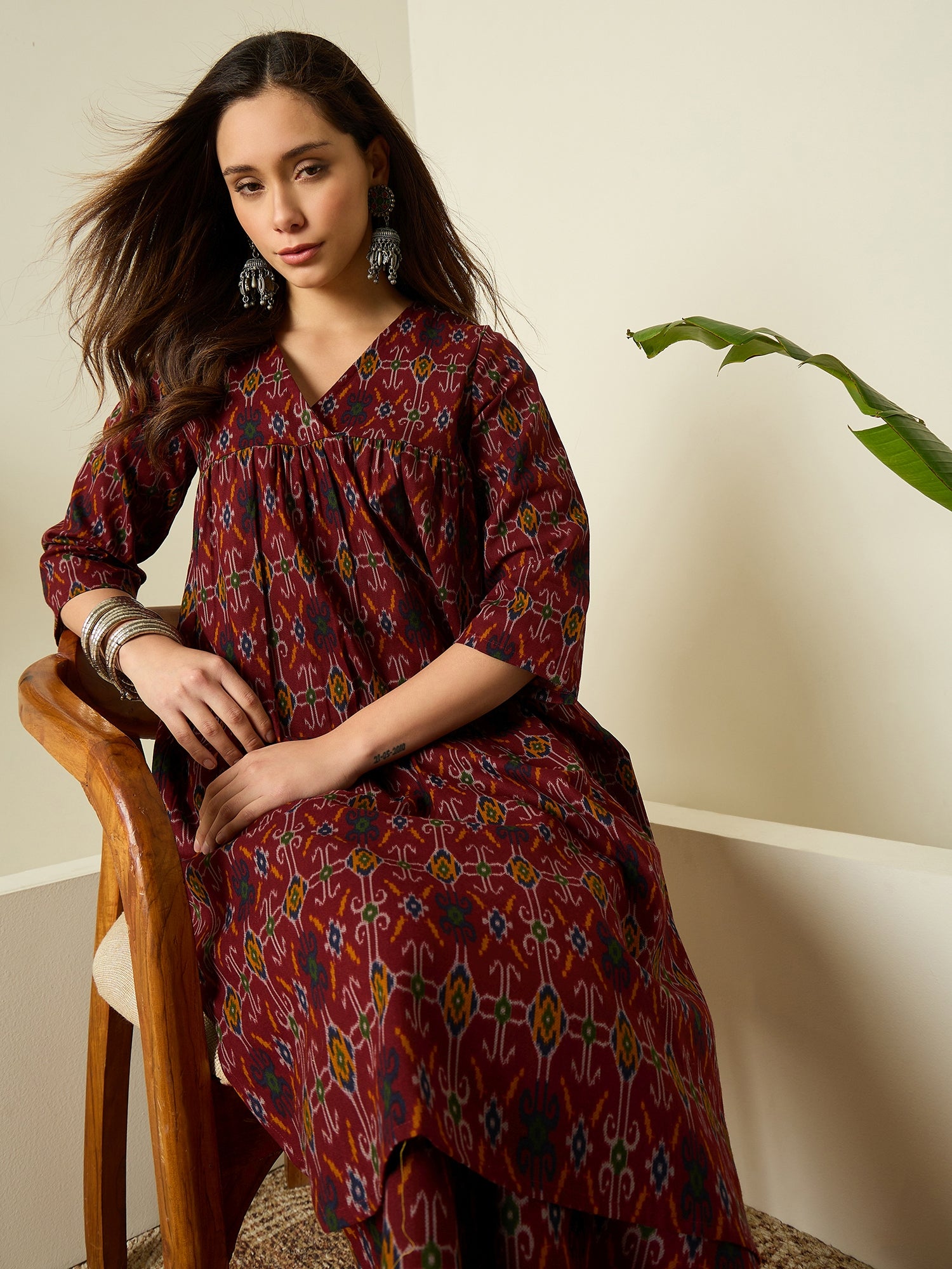 Rust Patola Print Flared Kurta Set