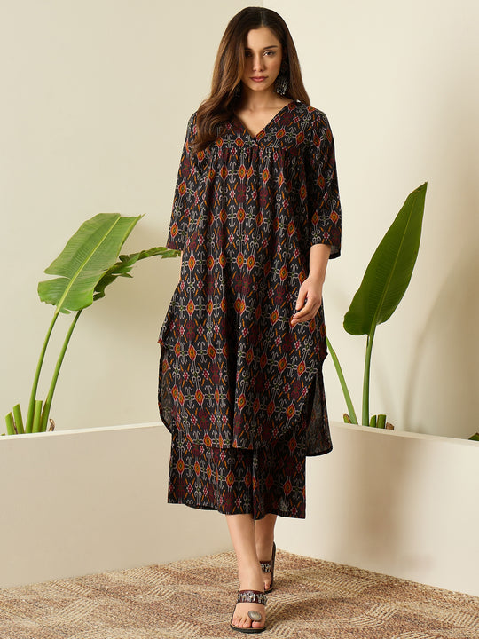 Black Patola Print Flared Kurta Set
