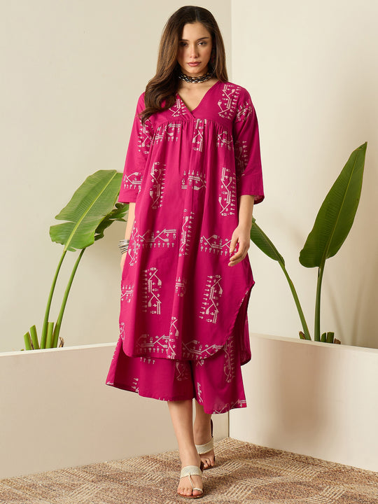 Magenta Khadi Print Flared Kurta Set