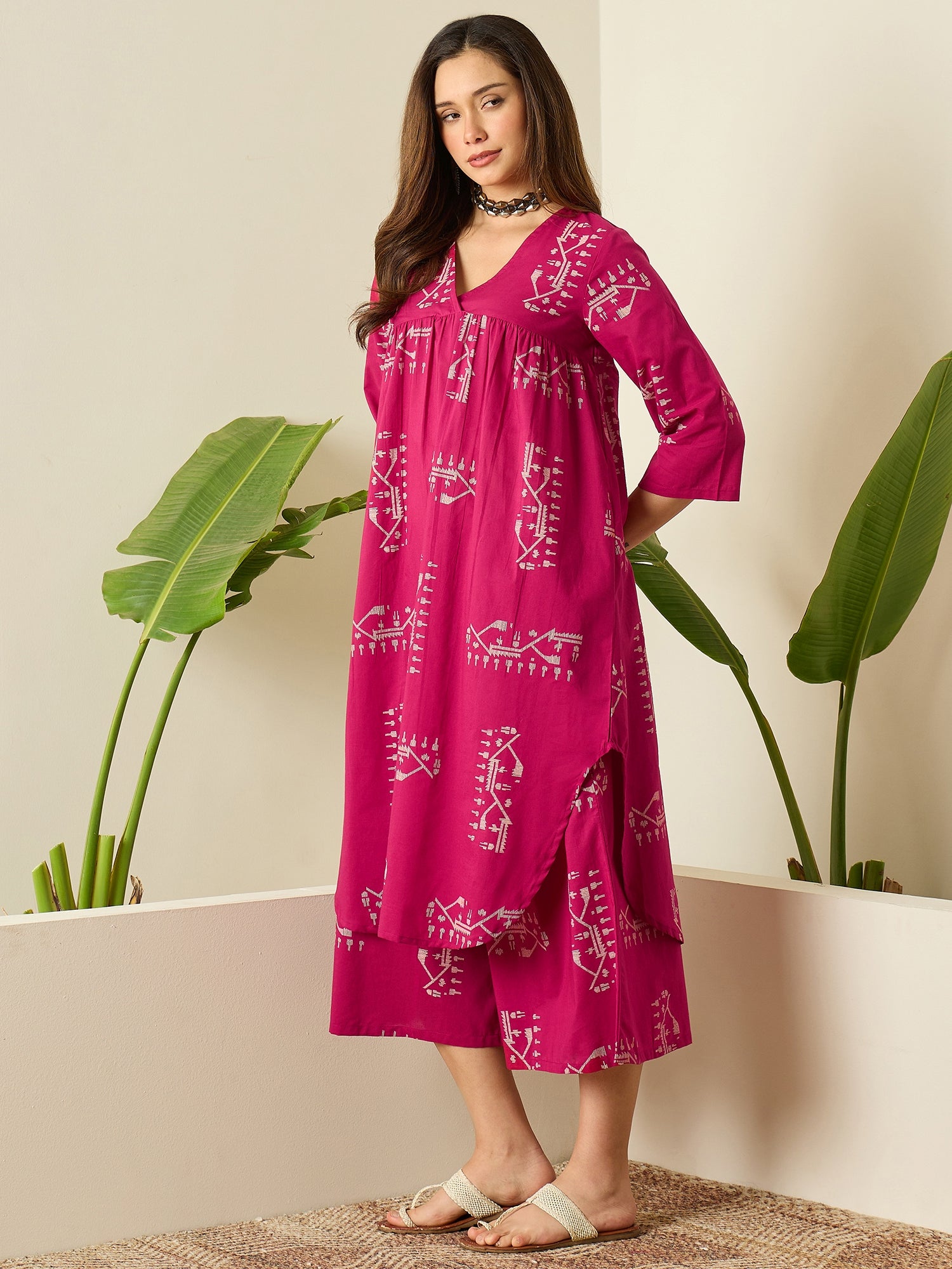 Magenta Khadi Print Flared Kurta Set