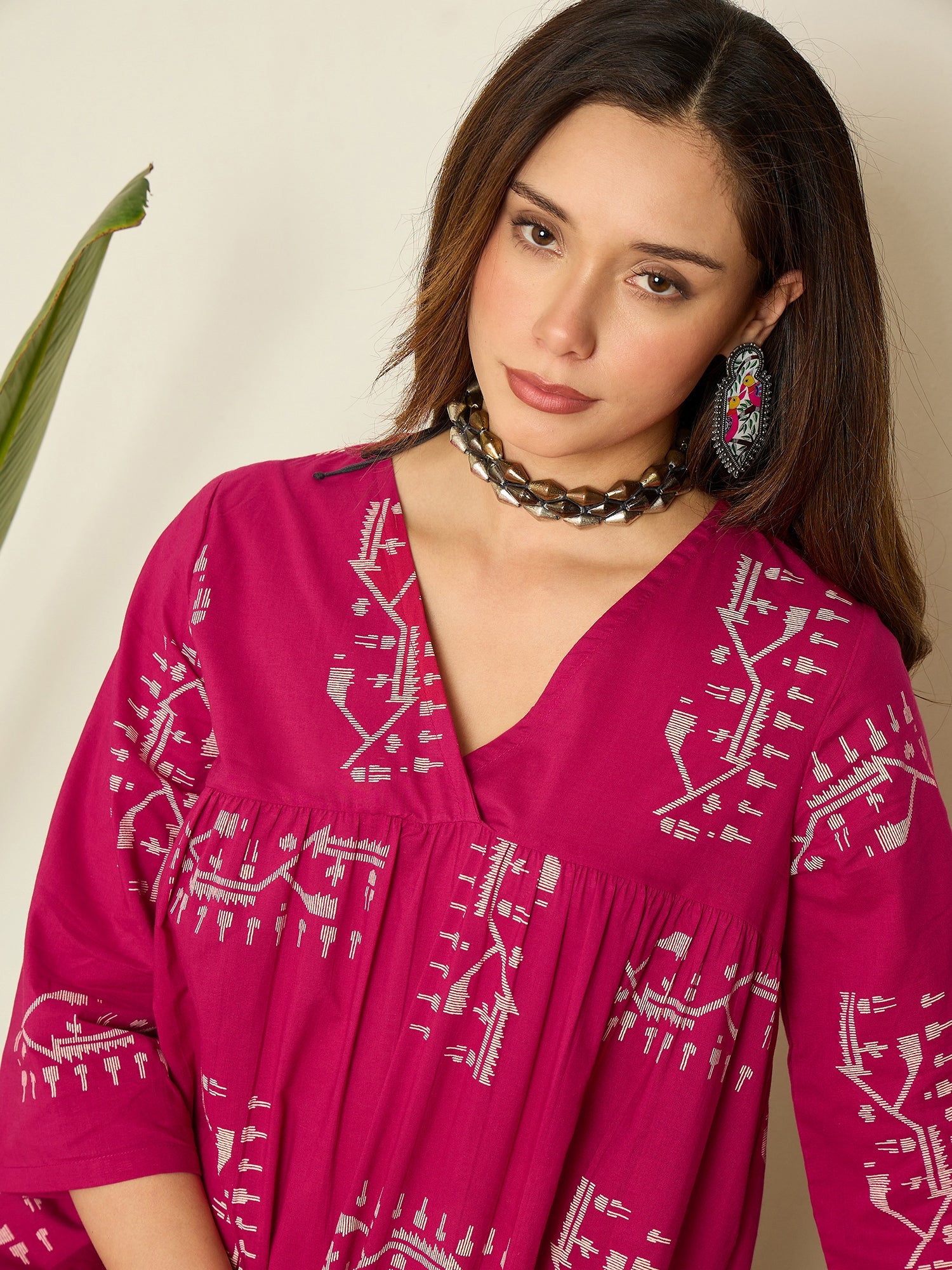 Magenta Khadi Print Flared Kurta Set