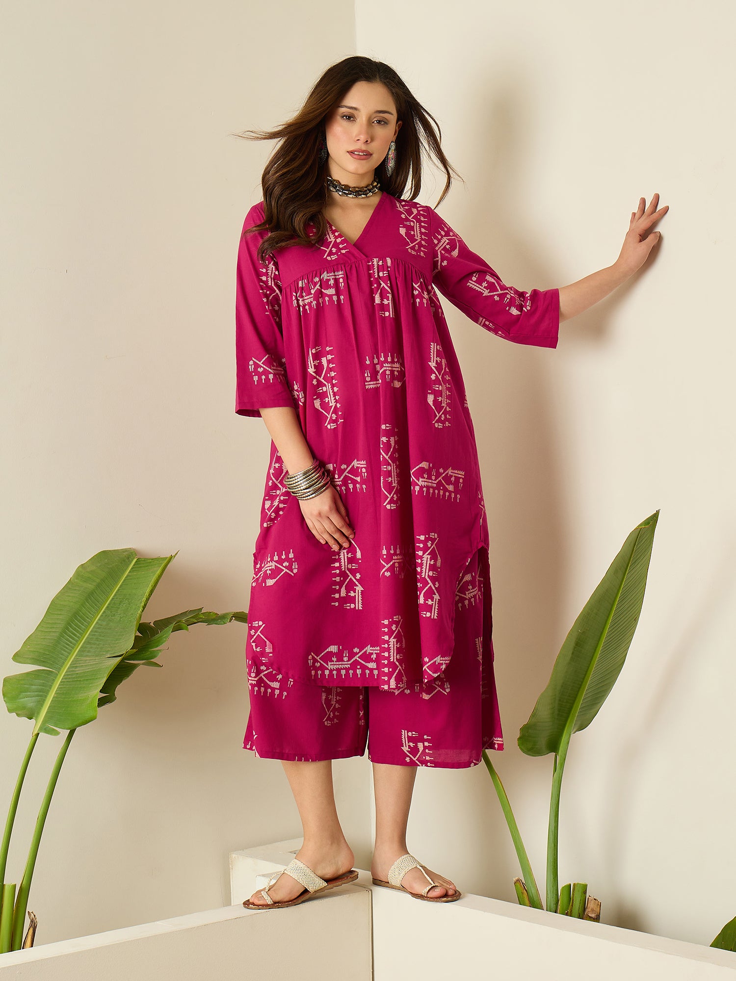 Magenta Khadi Print Flared Kurta Set